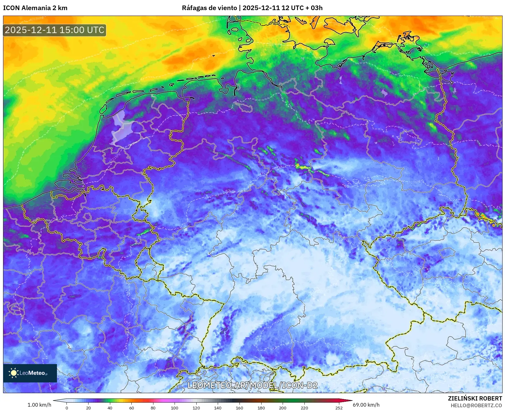 ICON Alemania 2 km model - Alemania, Ráfagas de viento