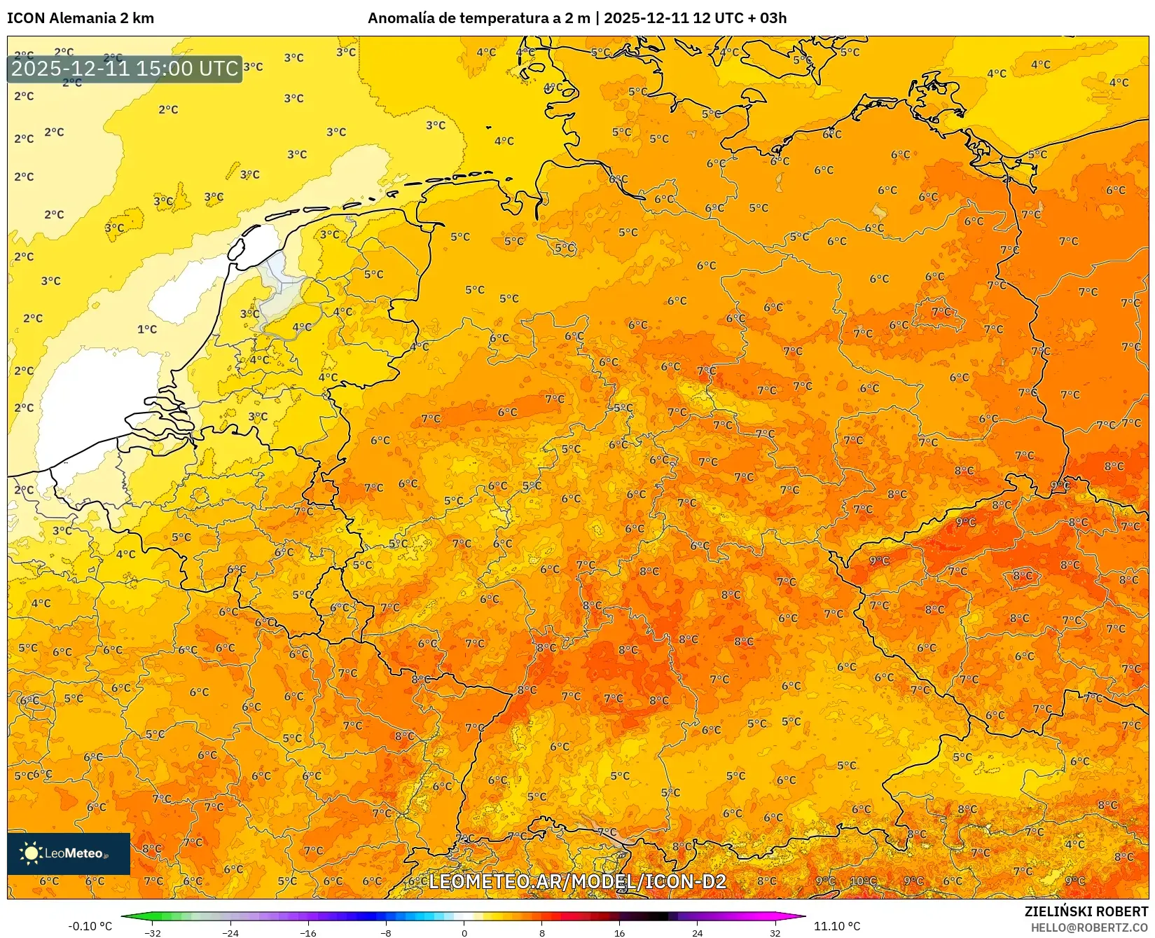 ICON Alemania 2 km model - Alemania, Anomalía de temperatura a 2 m