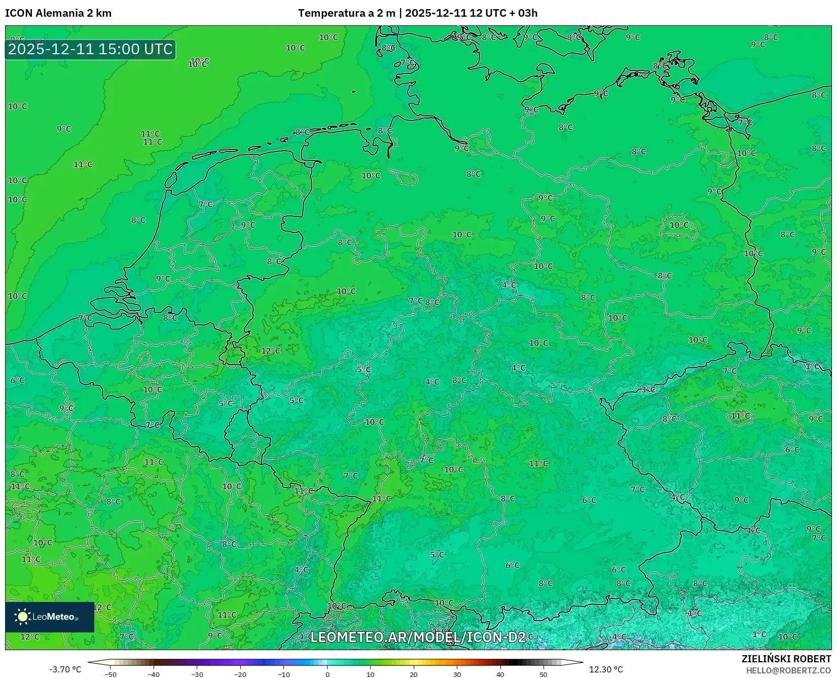 ICON Alemania 2 km model - Alemania, Temperatura a 2 m