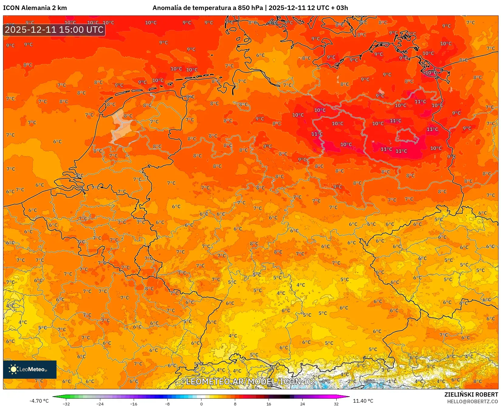 ICON Alemania 2 km model - Alemania, Anomalía de temperatura a 850 hPa
