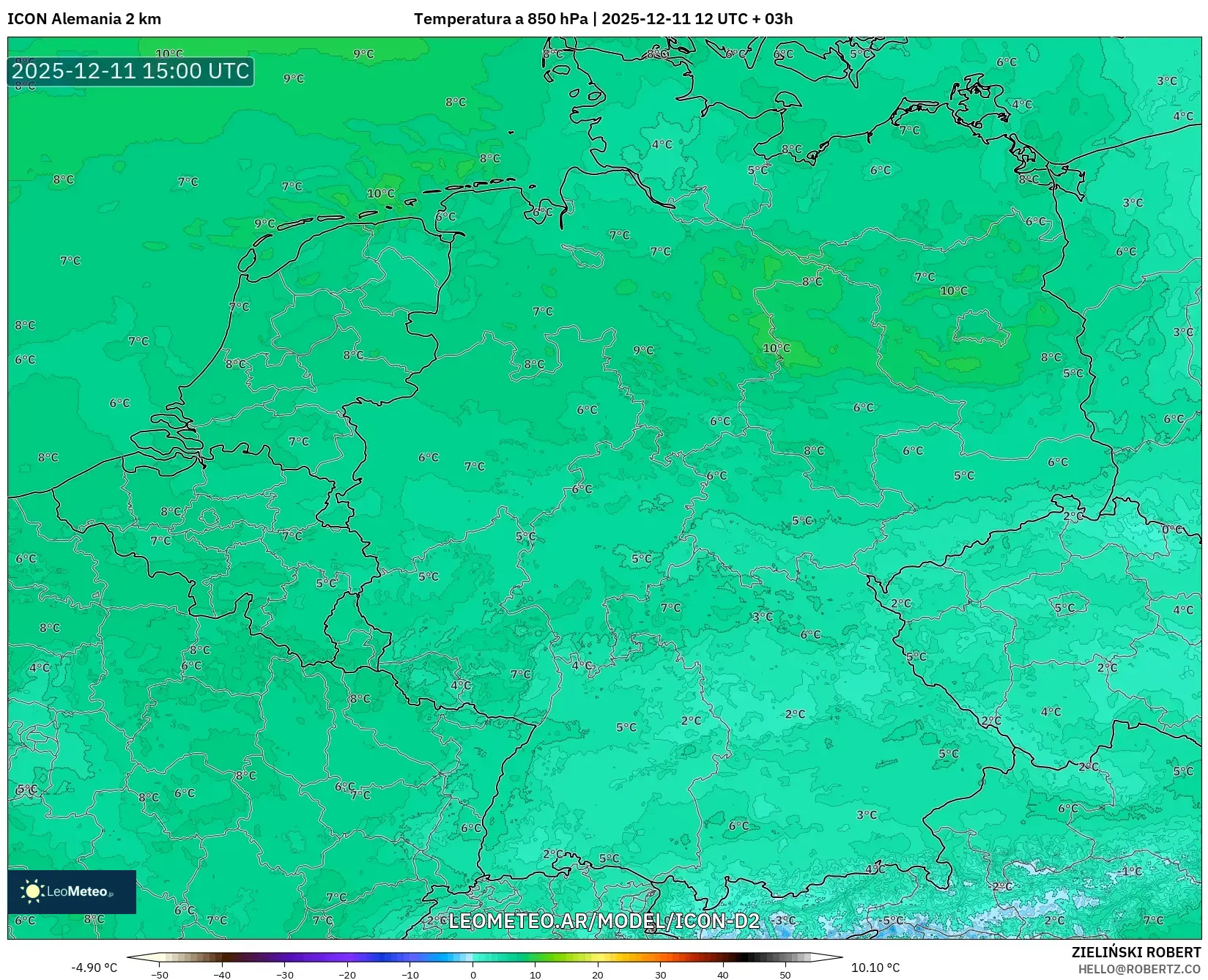 ICON Alemania 2 km model - Alemania, Temperatura a 850 hPa