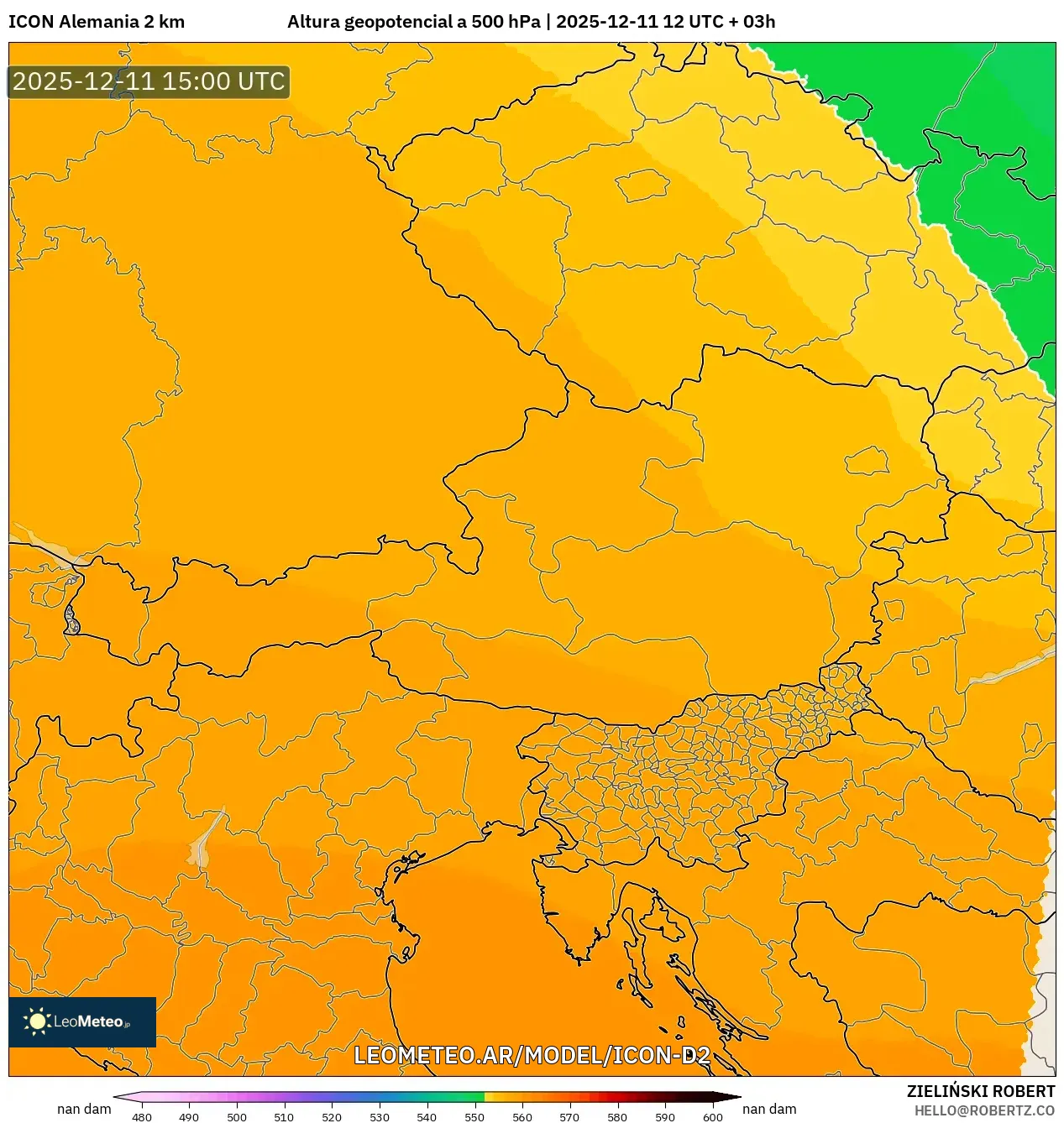 ICON Alemania 2 km model - Austria, Altura geopotencial a 500 hPa