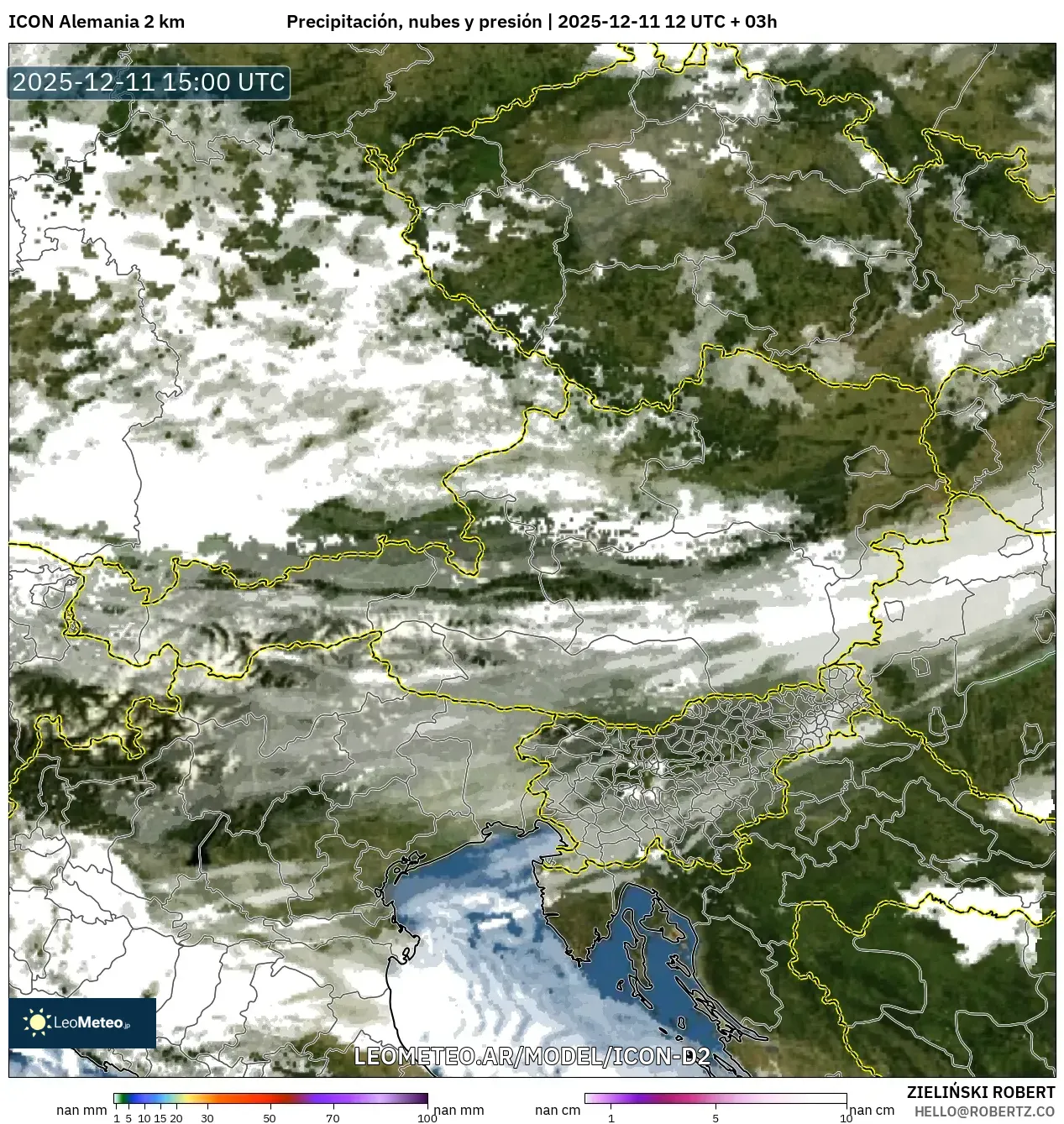 ICON Alemania 2 km model - Austria, Precipitación, nubes y presión