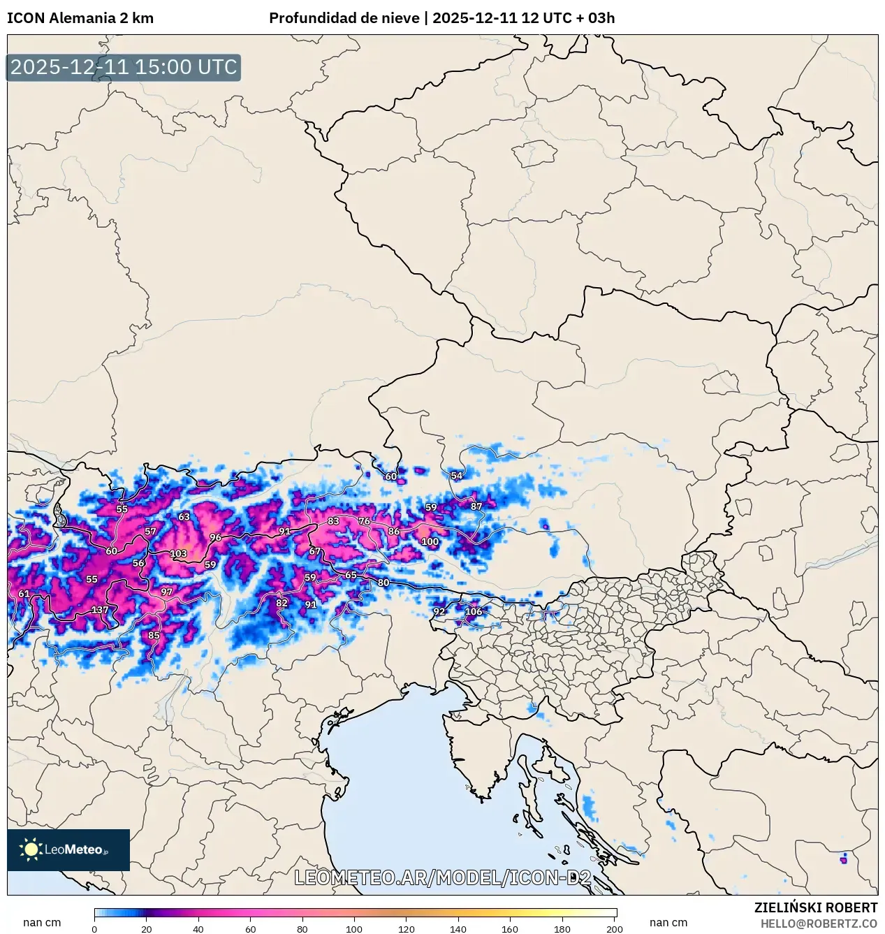 ICON Alemania 2 km model - Austria, Profundidad de nieve