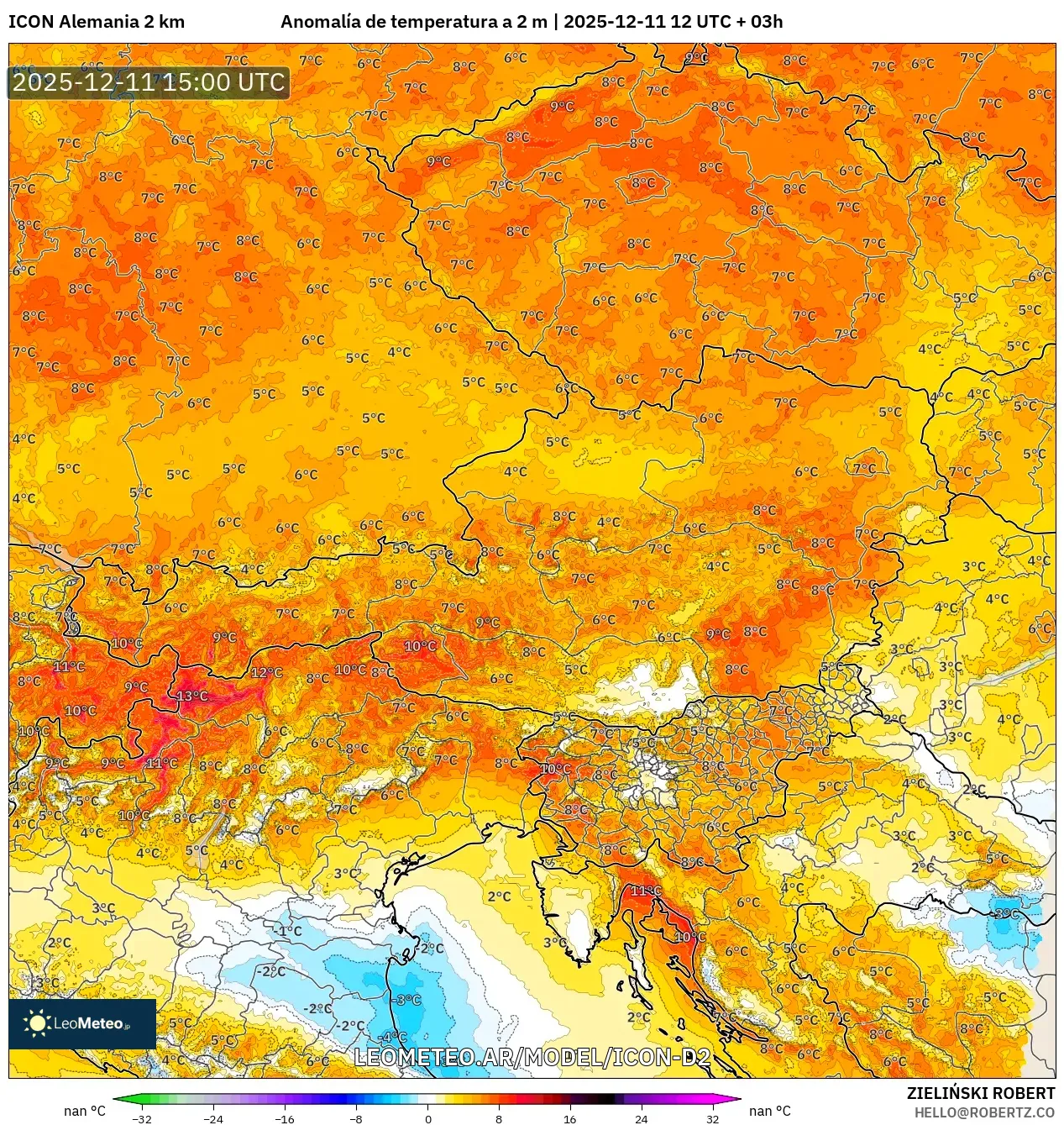 ICON Alemania 2 km model - Austria, Anomalía de temperatura a 2 m