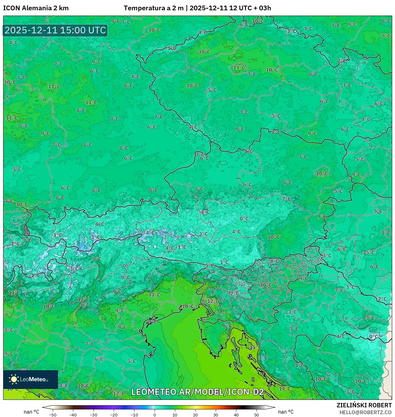 ICON Alemania 2 km model - Austria, Temperatura a 2 m