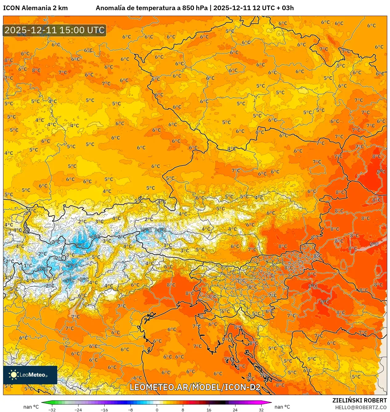 ICON Alemania 2 km model - Austria, Anomalía de temperatura a 850 hPa