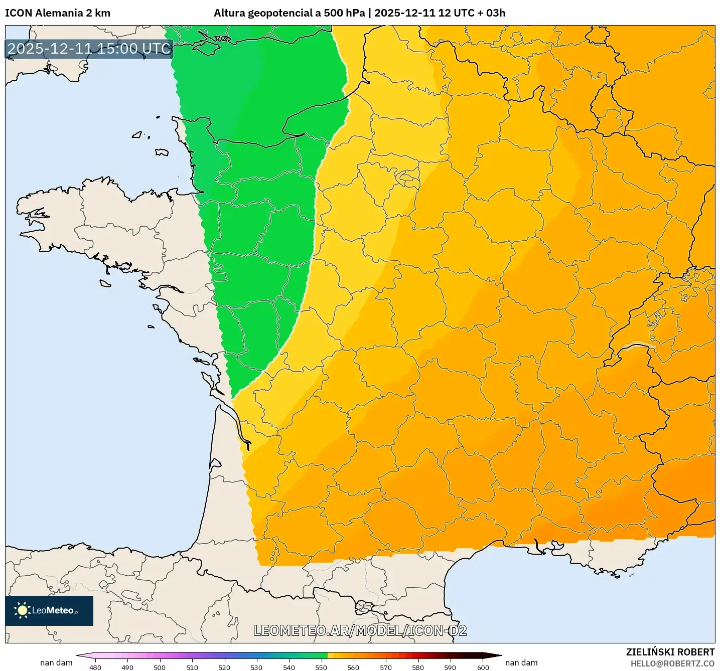ICON Alemania 2 km model - Francia, Altura geopotencial a 500 hPa