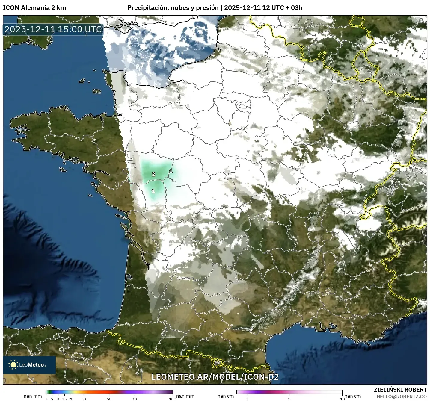 ICON Alemania 2 km model - Francia, Precipitación, nubes y presión