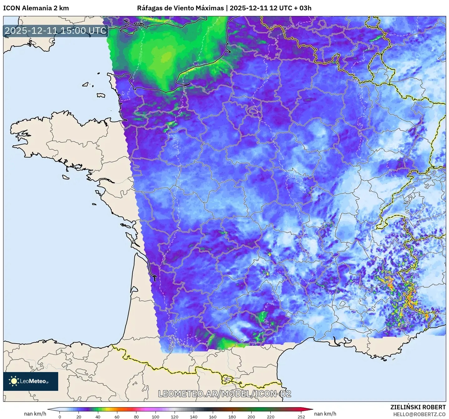 ICON Alemania 2 km model - Francia, Ráfagas de Viento Máximas