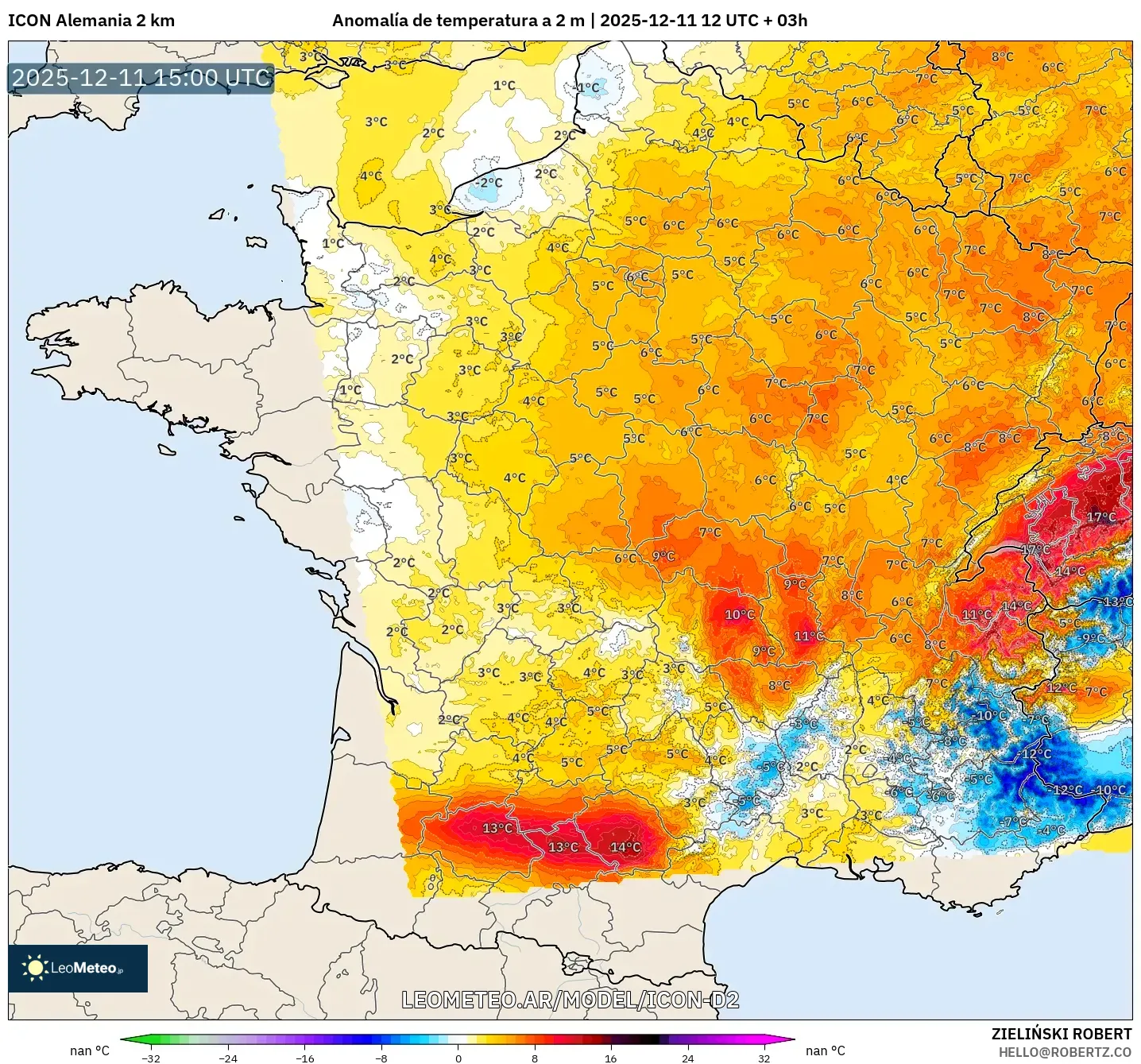 ICON Alemania 2 km model - Francia, Anomalía de temperatura a 2 m