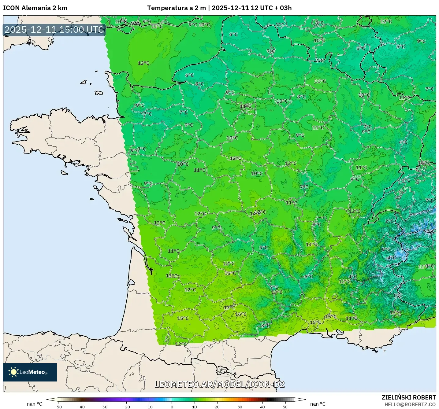 ICON Alemania 2 km model - Francia, Temperatura a 2 m