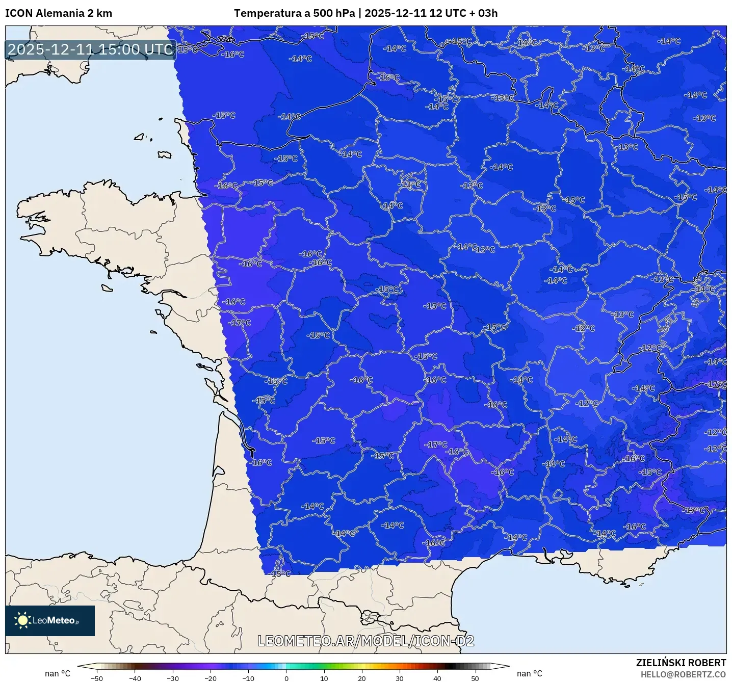 ICON Alemania 2 km model - Francia, Temperatura a 500 hPa