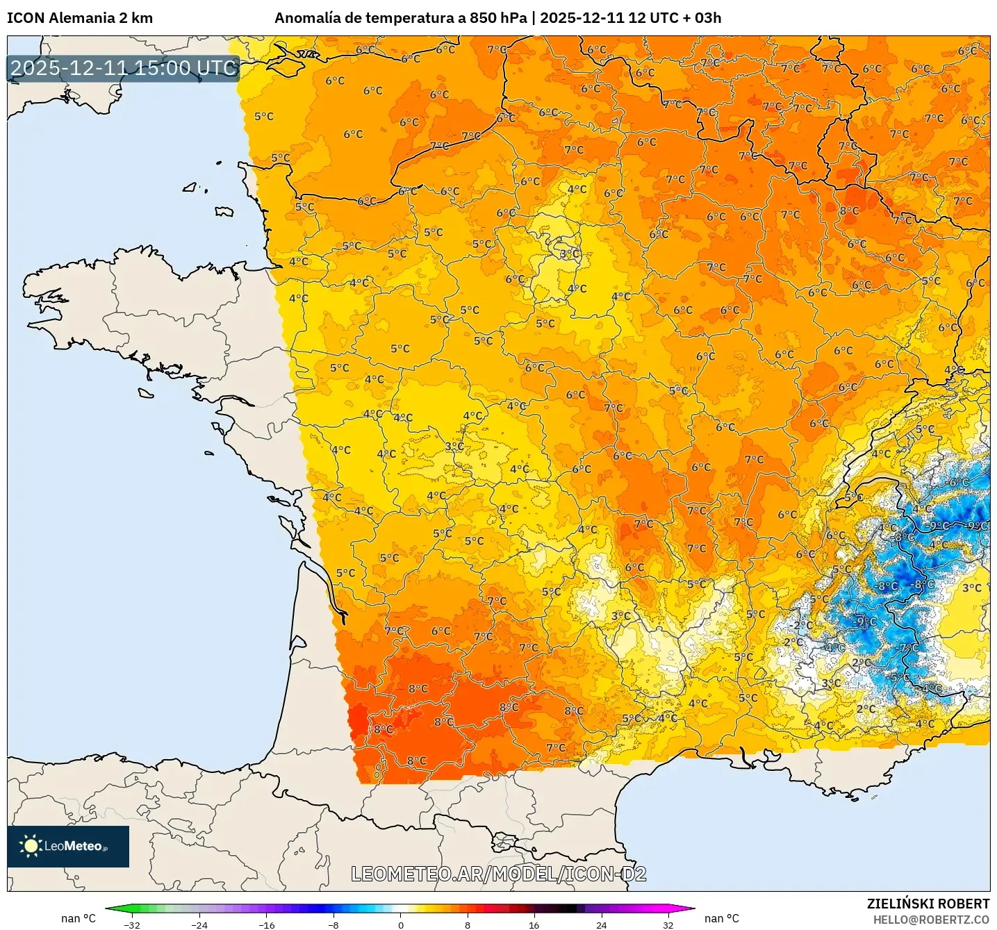 ICON Alemania 2 km model - Francia, Anomalía de temperatura a 850 hPa