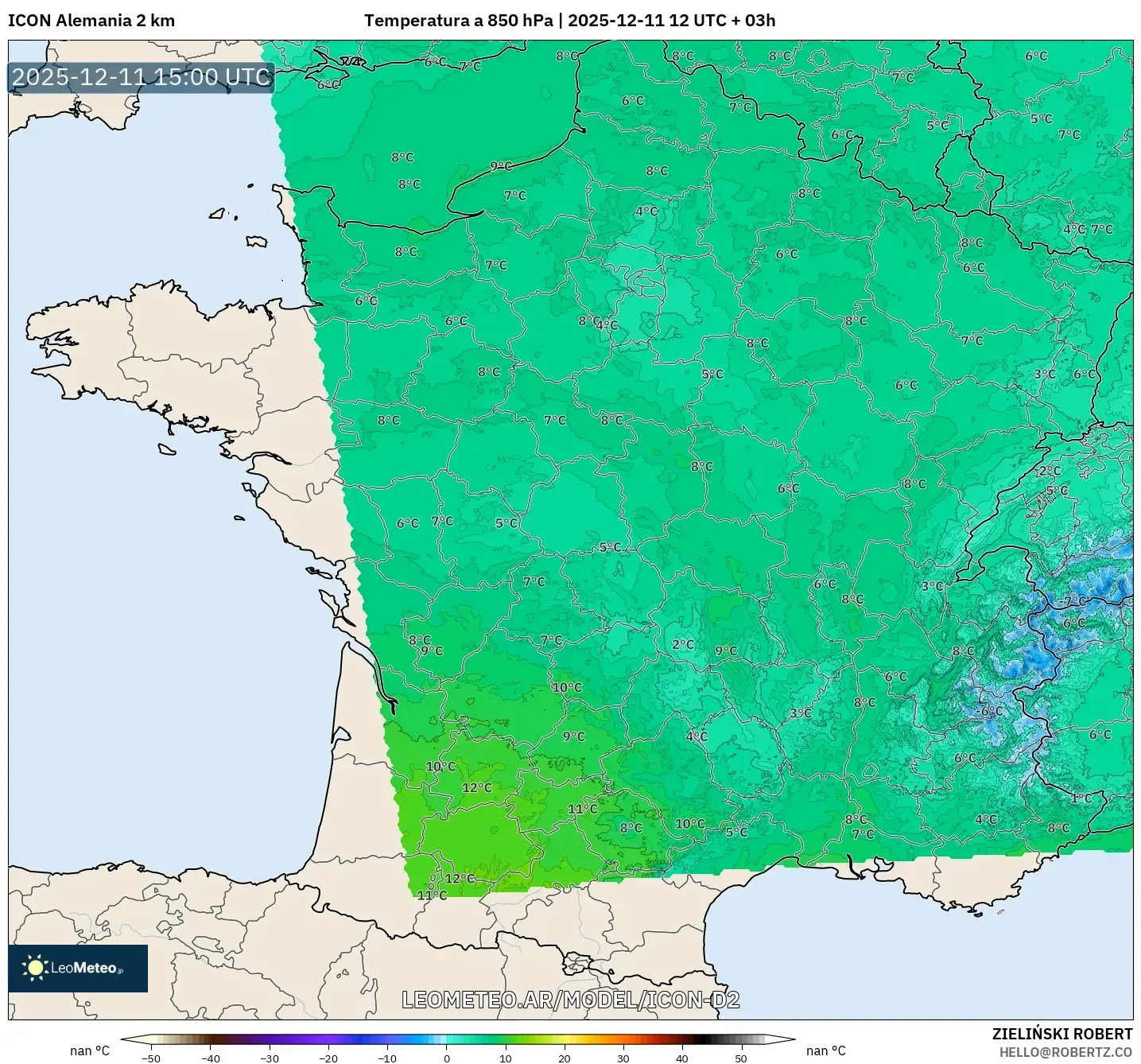 ICON Alemania 2 km model - Francia, Temperatura a 850 hPa