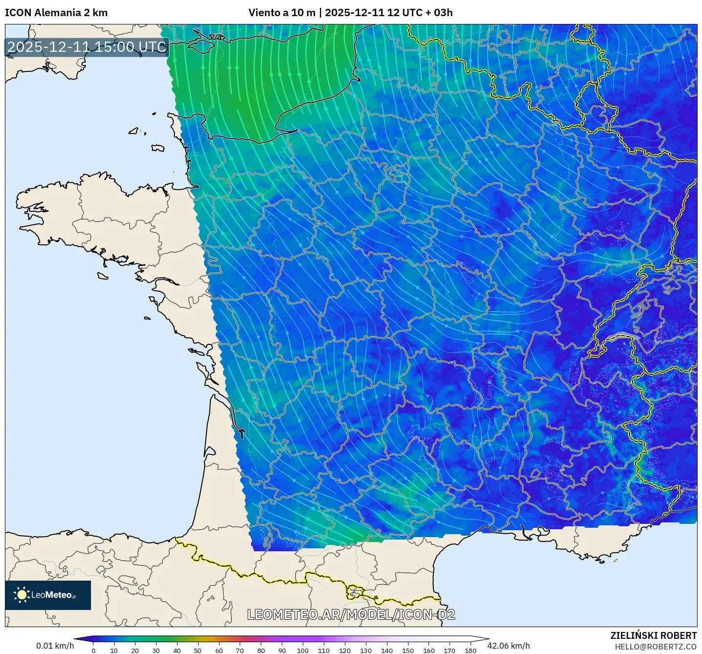 ICON Alemania 2 km model - Francia, Viento a 10 m