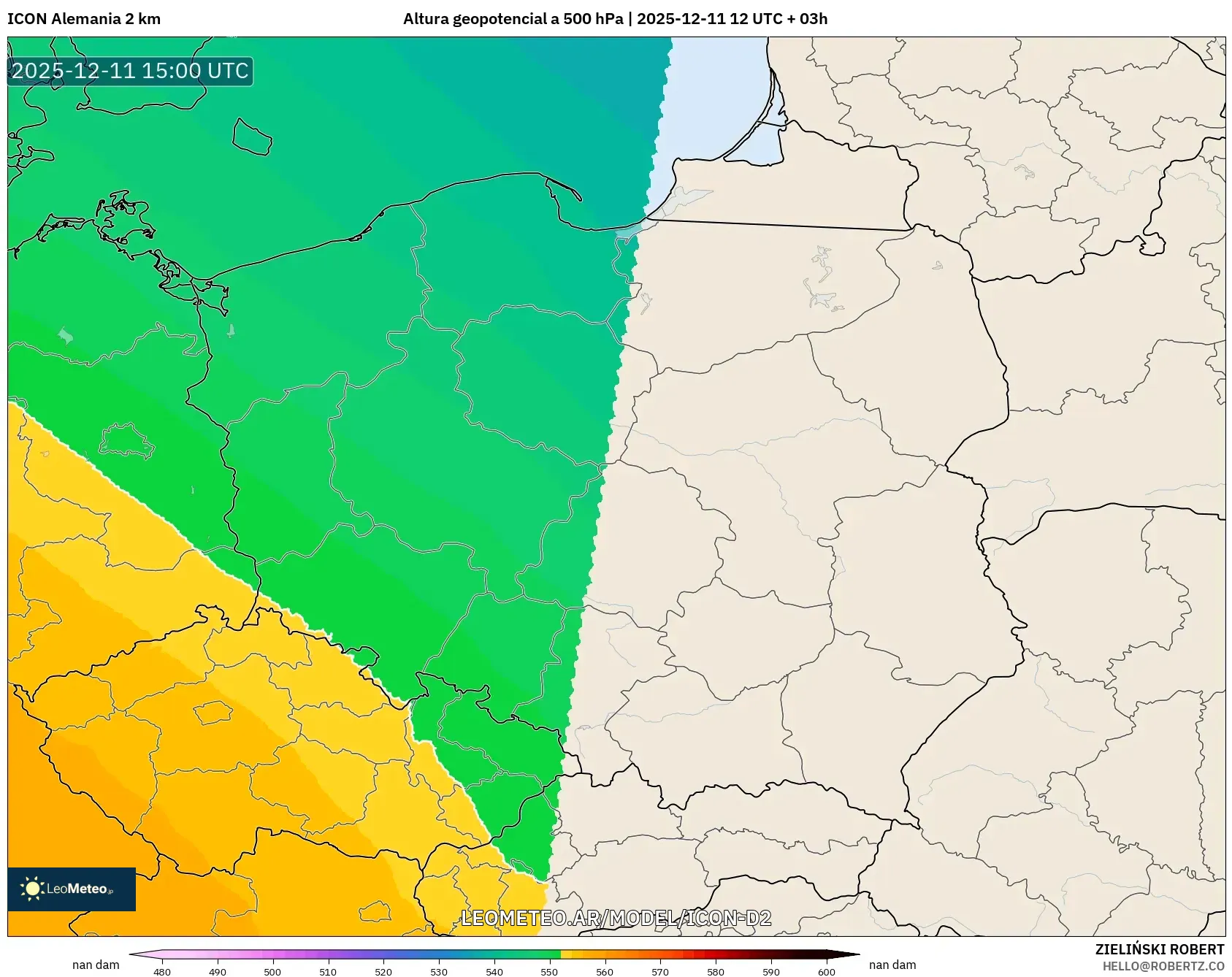 ICON Alemania 2 km model - Polonia, Altura geopotencial a 500 hPa