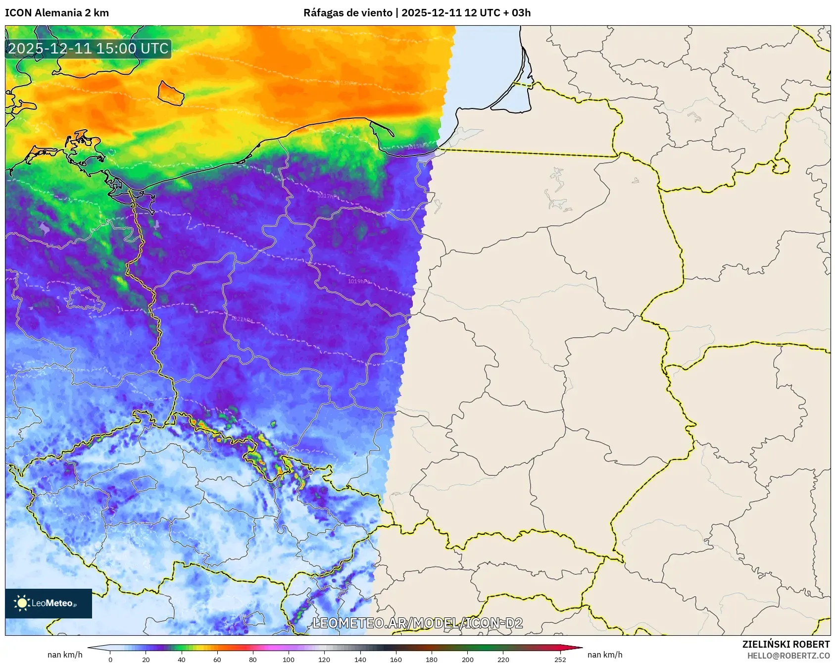 ICON Alemania 2 km model - Polonia, Ráfagas de viento