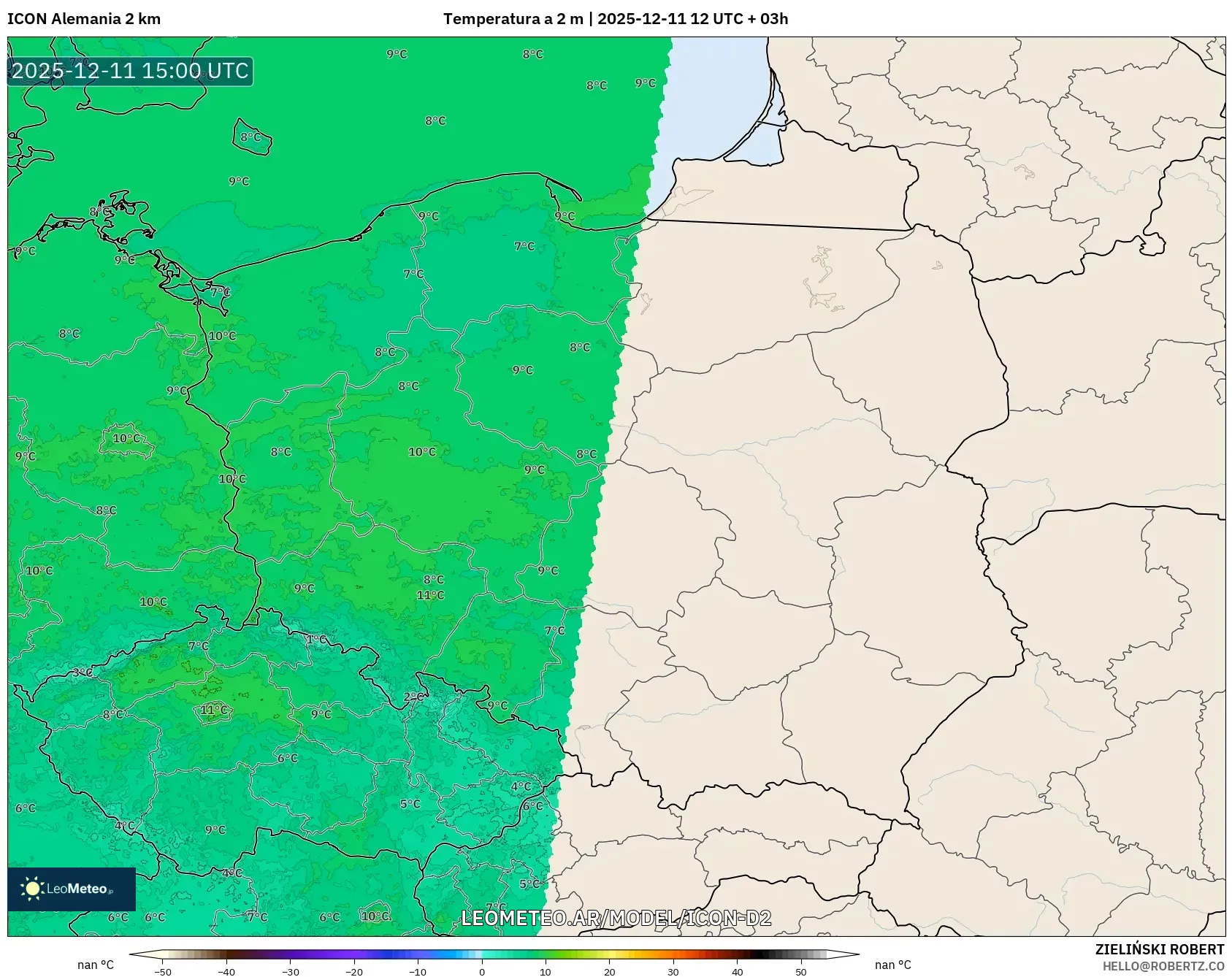 ICON Alemania 2 km model - Polonia, Temperatura a 2 m
