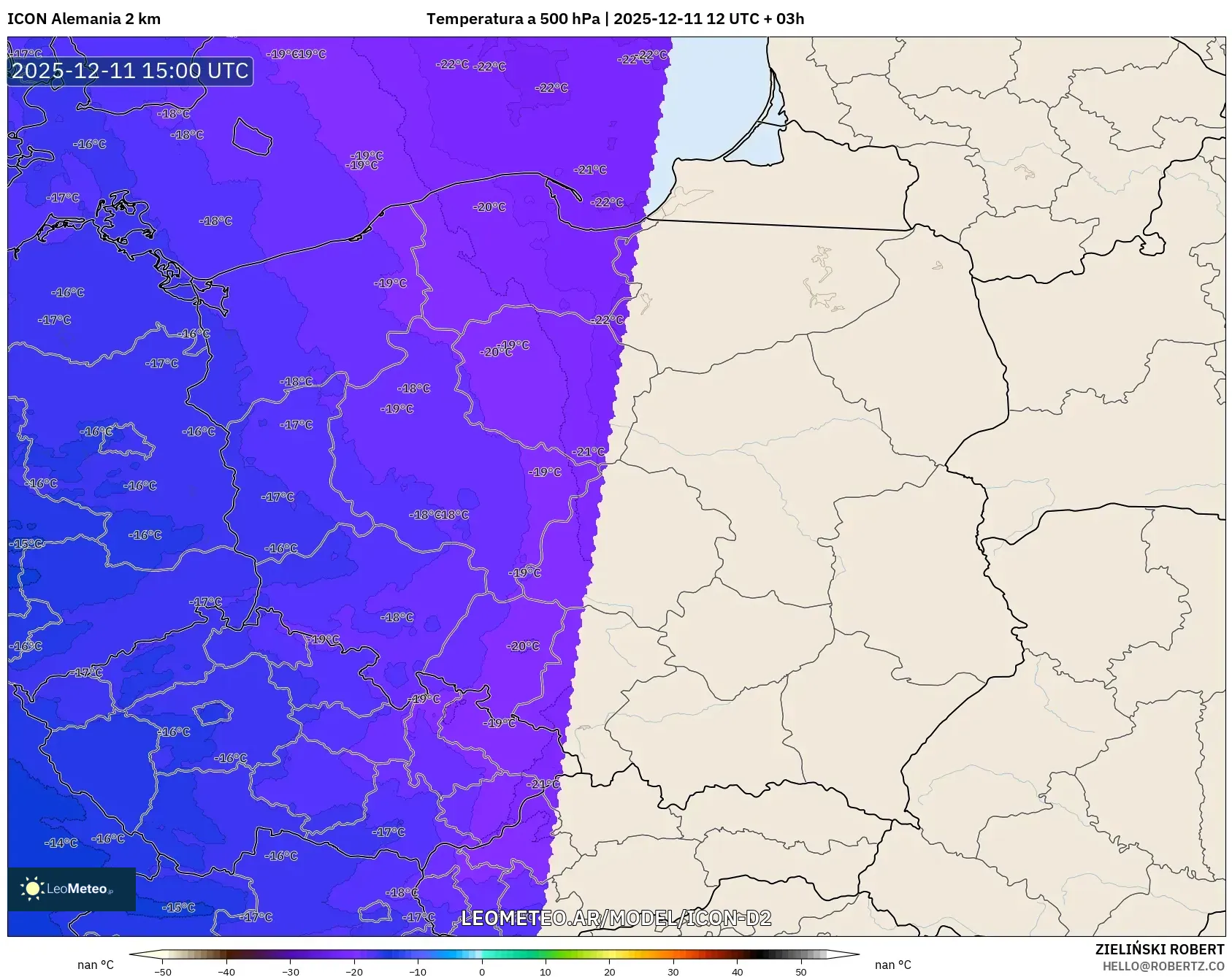ICON Alemania 2 km model - Polonia, Temperatura a 500 hPa