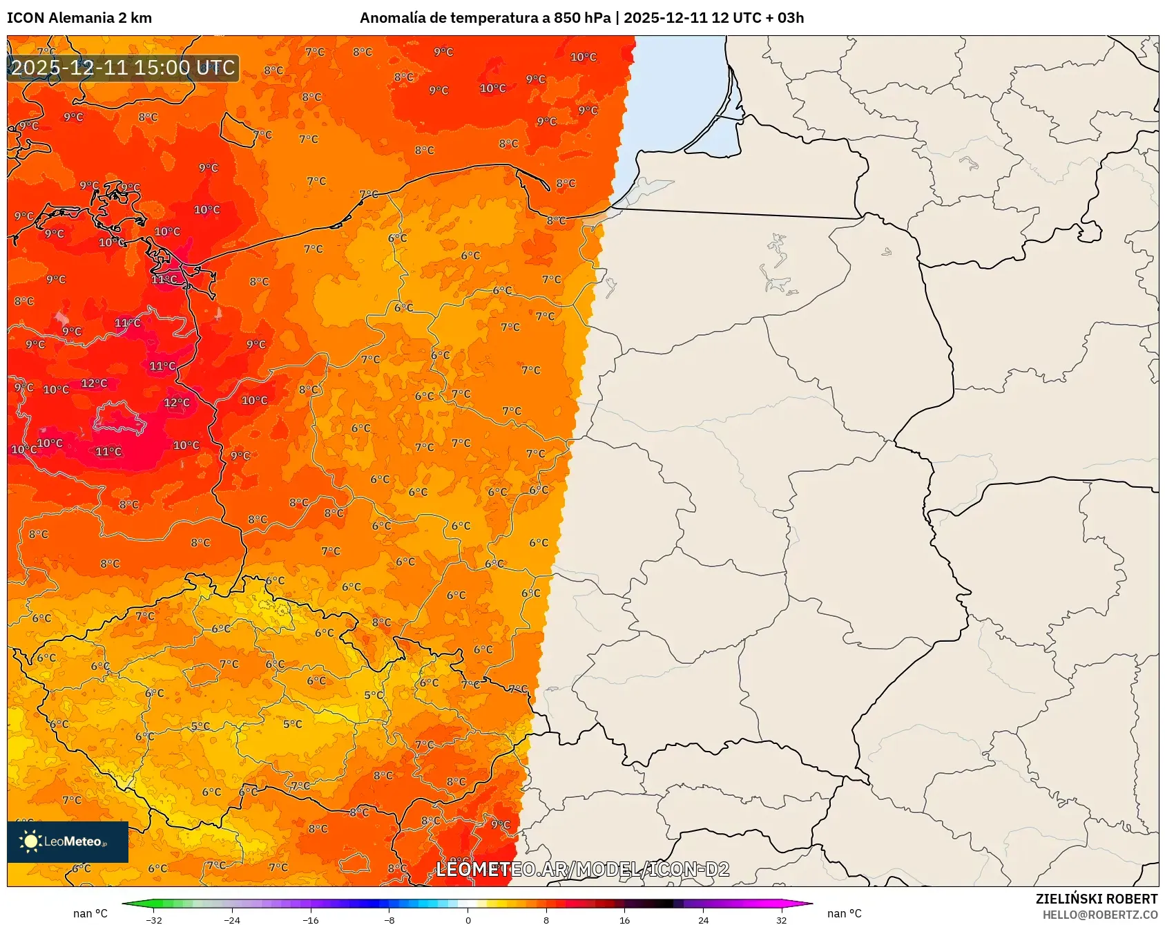 ICON Alemania 2 km model - Polonia, Anomalía de temperatura a 850 hPa