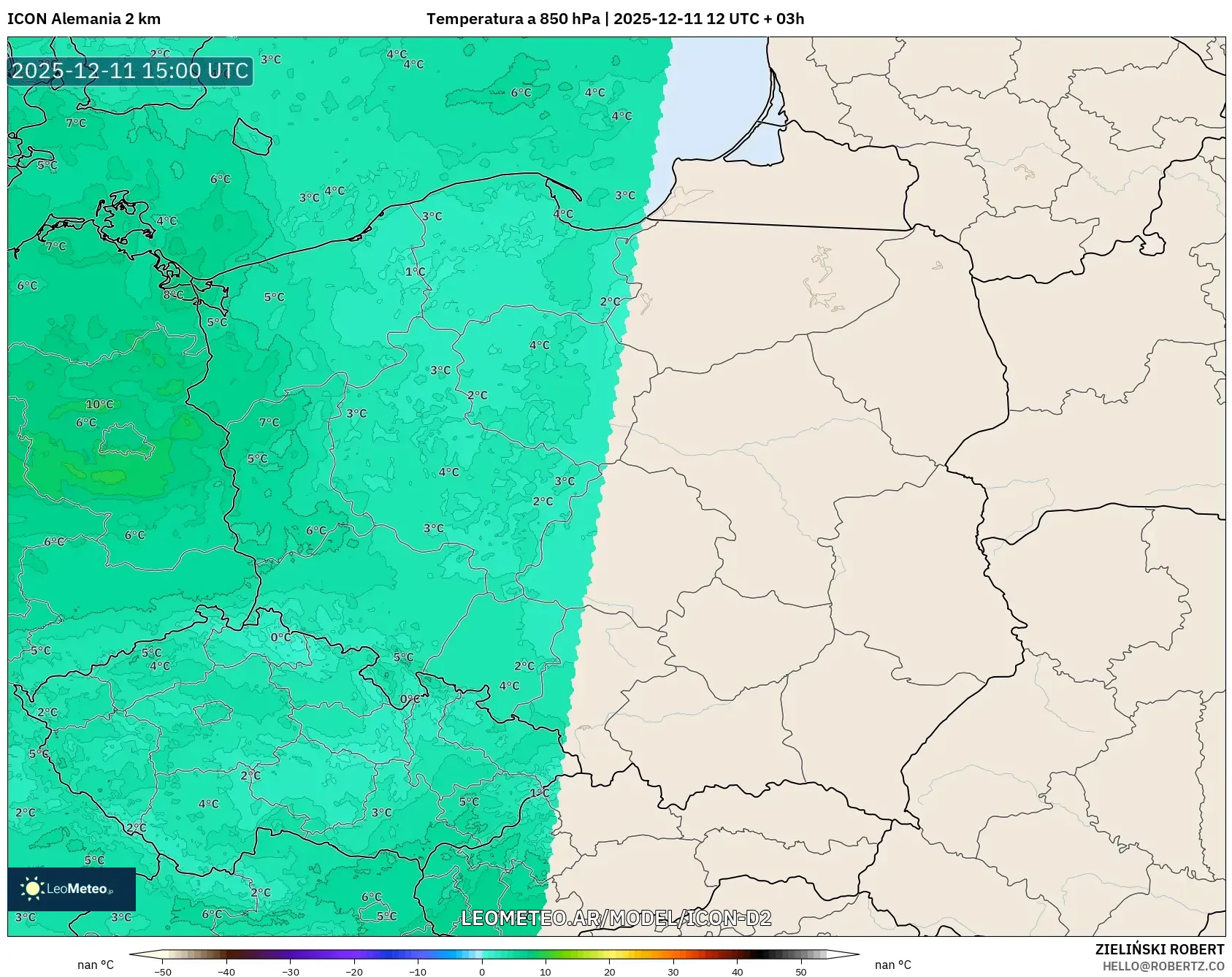 ICON Alemania 2 km model - Polonia, Temperatura a 850 hPa