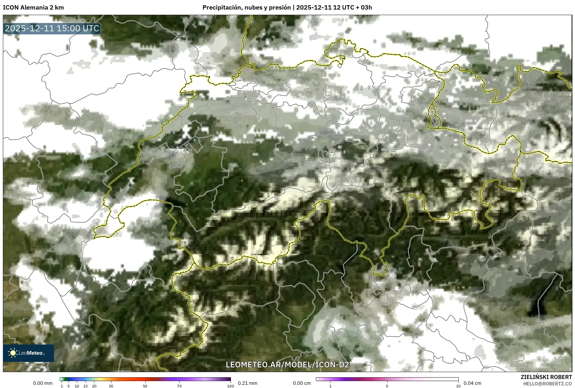 ICON Alemania 2 km model - Suiza, Precipitación, nubes y presión