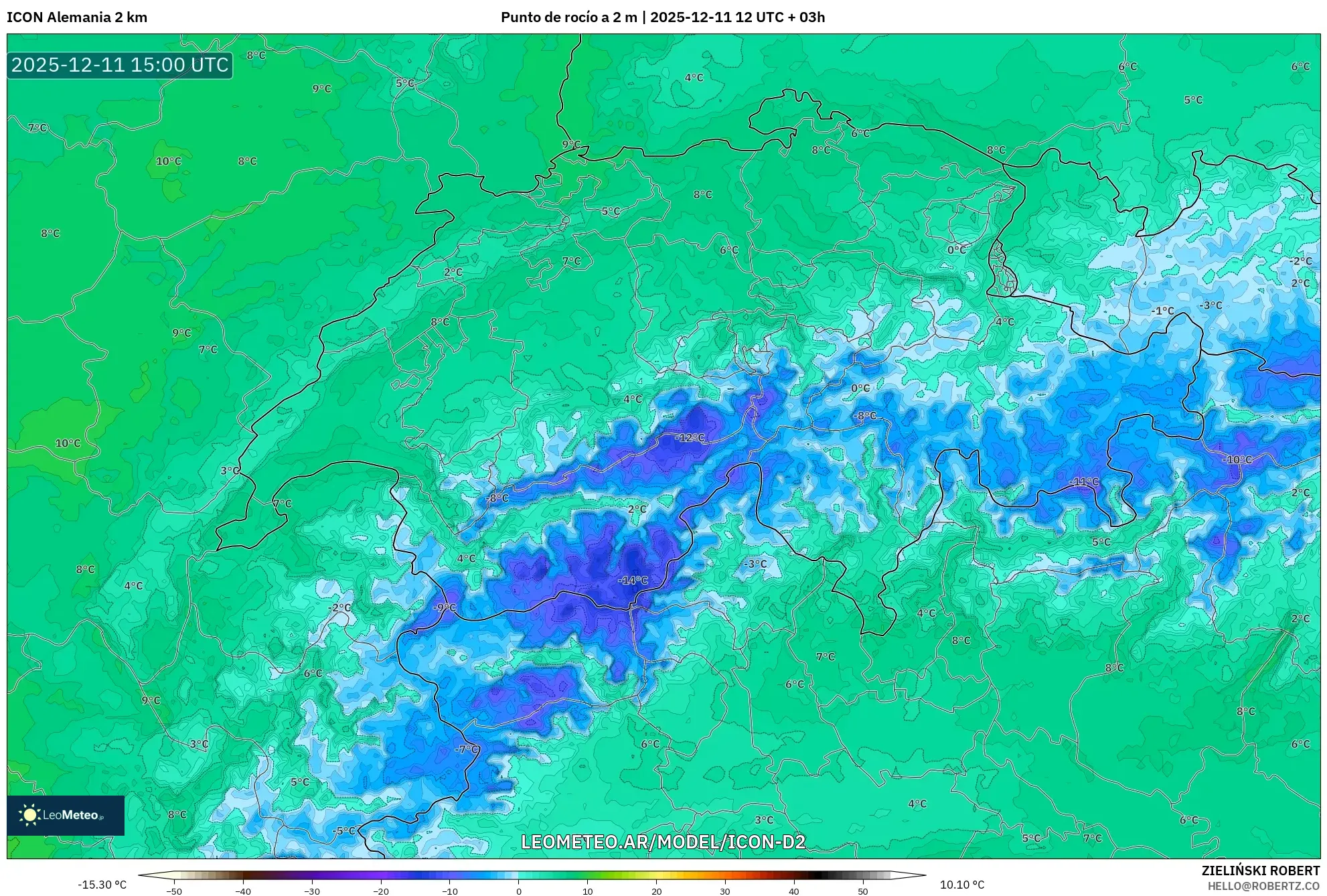 ICON Alemania 2 km model - Suiza, Punto de rocío a 2 m