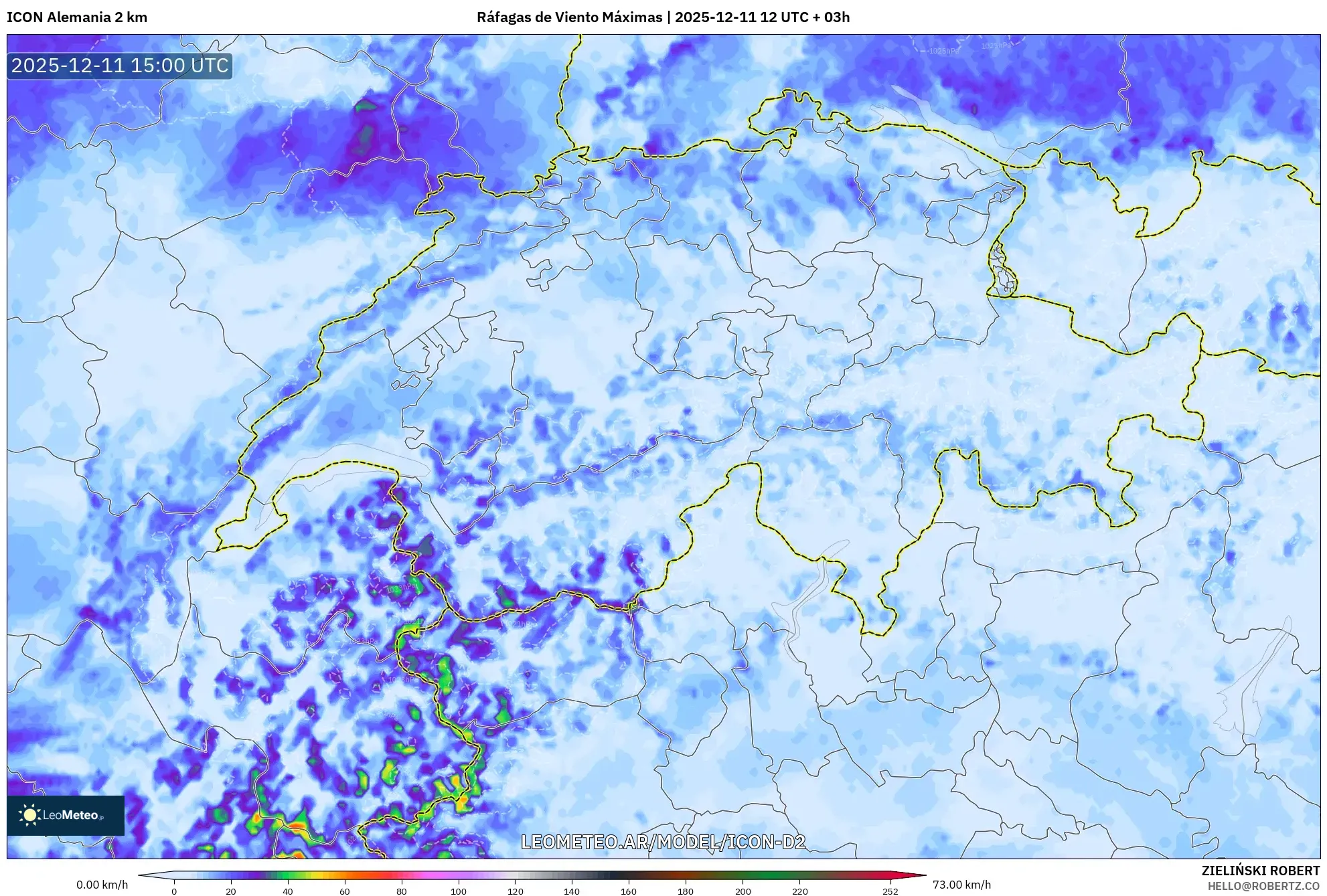 ICON Alemania 2 km model - Suiza, Ráfagas de Viento Máximas