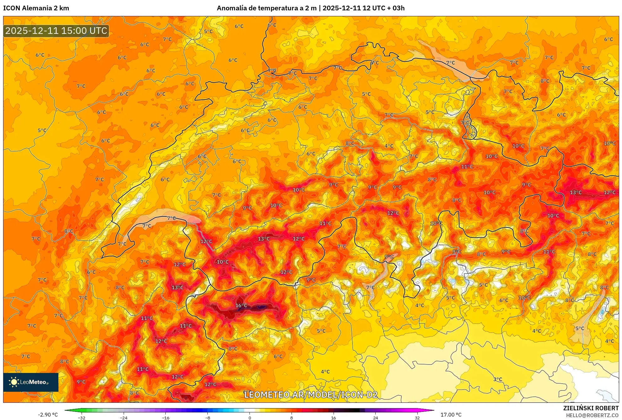 ICON Alemania 2 km model - Suiza, Anomalía de temperatura a 2 m
