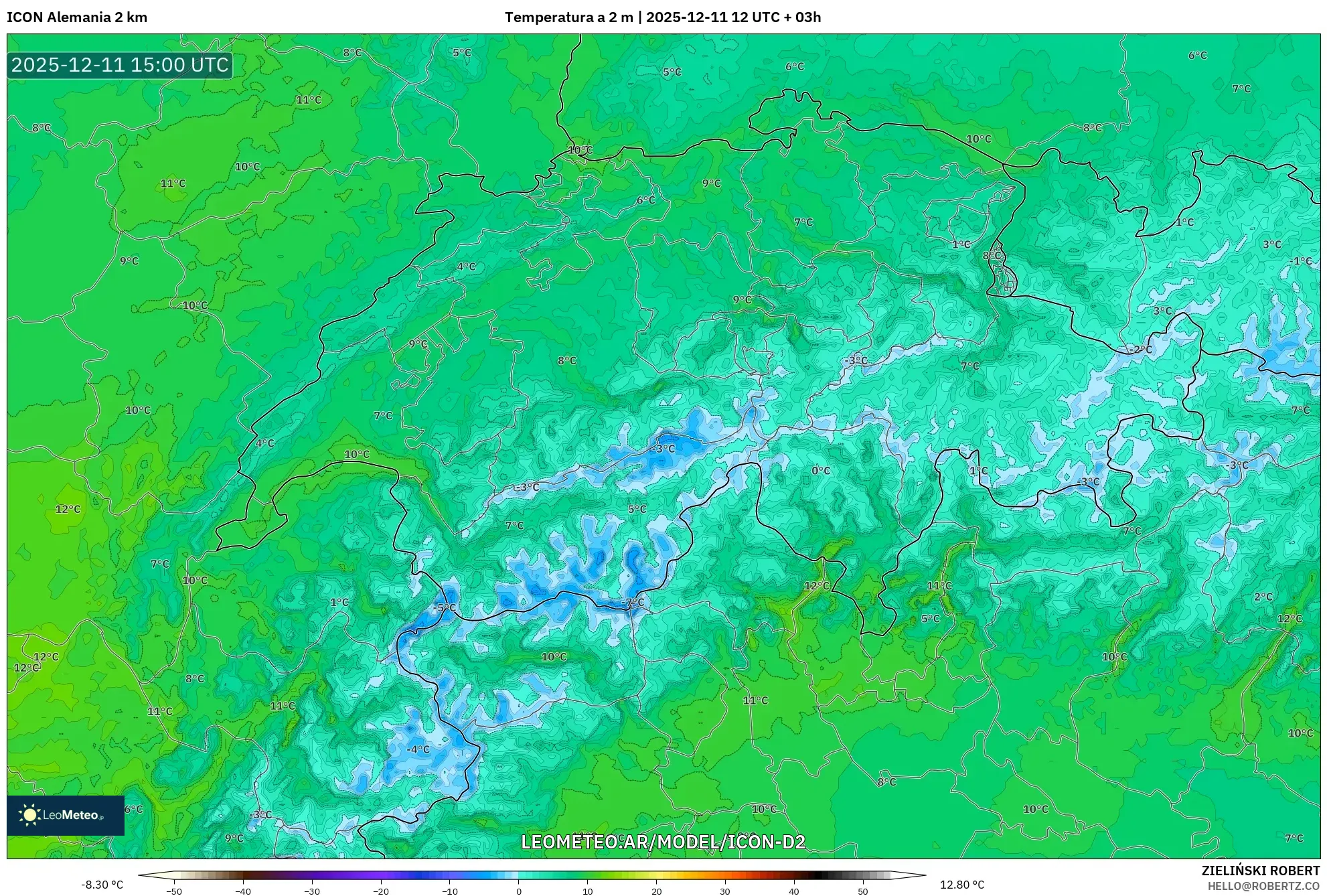 ICON Alemania 2 km model - Suiza, Temperatura a 2 m