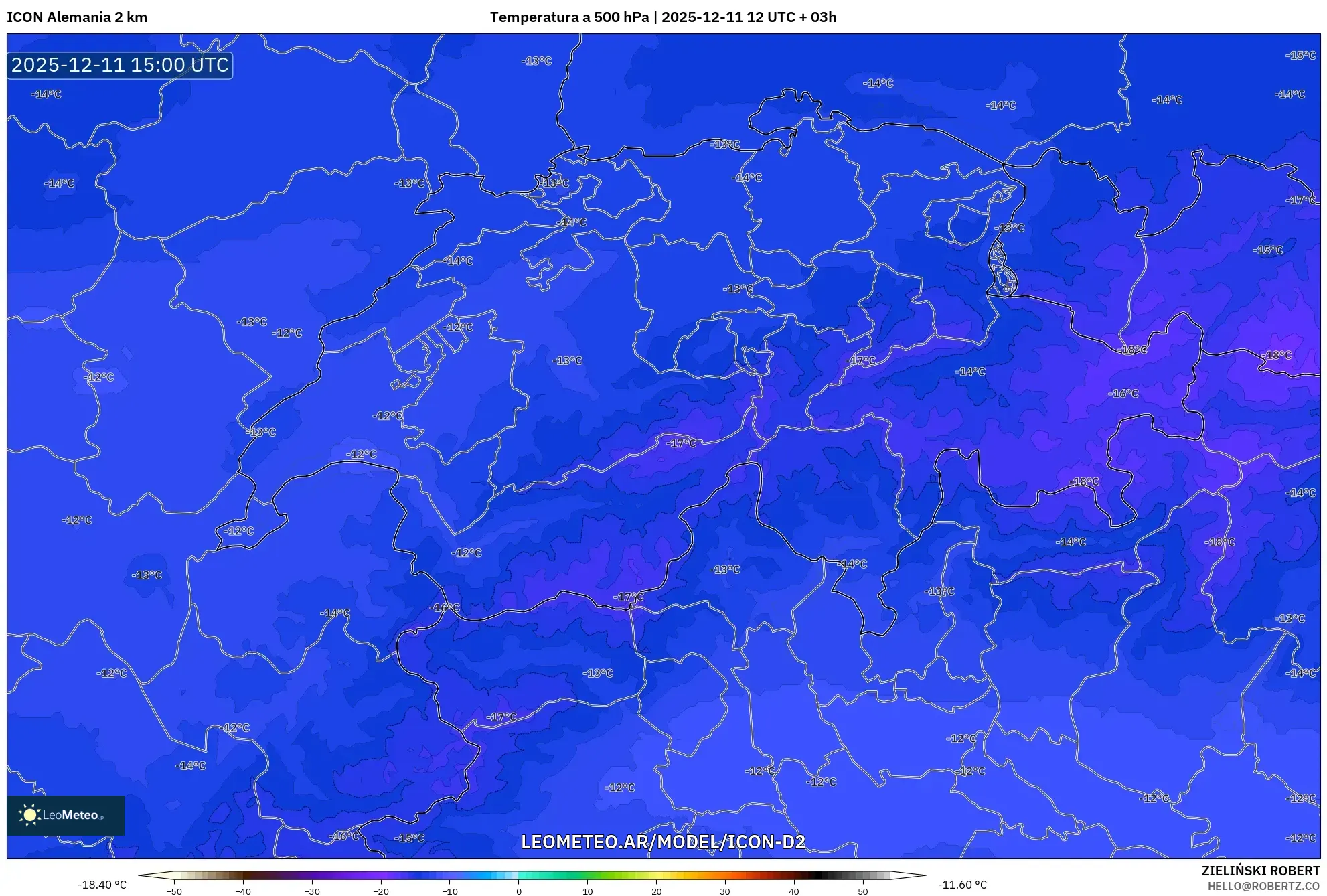 ICON Alemania 2 km model - Suiza, Temperatura a 500 hPa