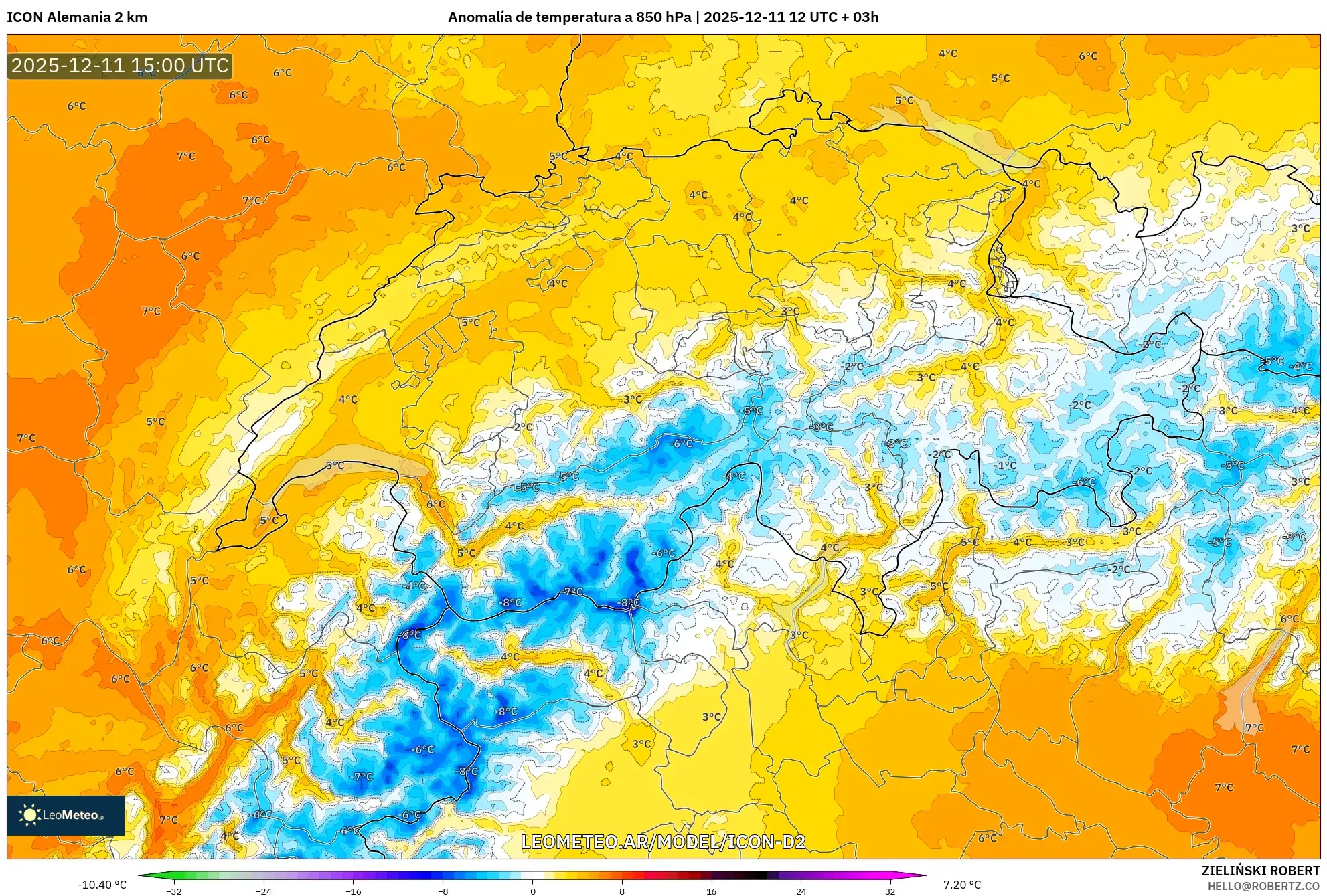 ICON Alemania 2 km model - Suiza, Anomalía de temperatura a 850 hPa