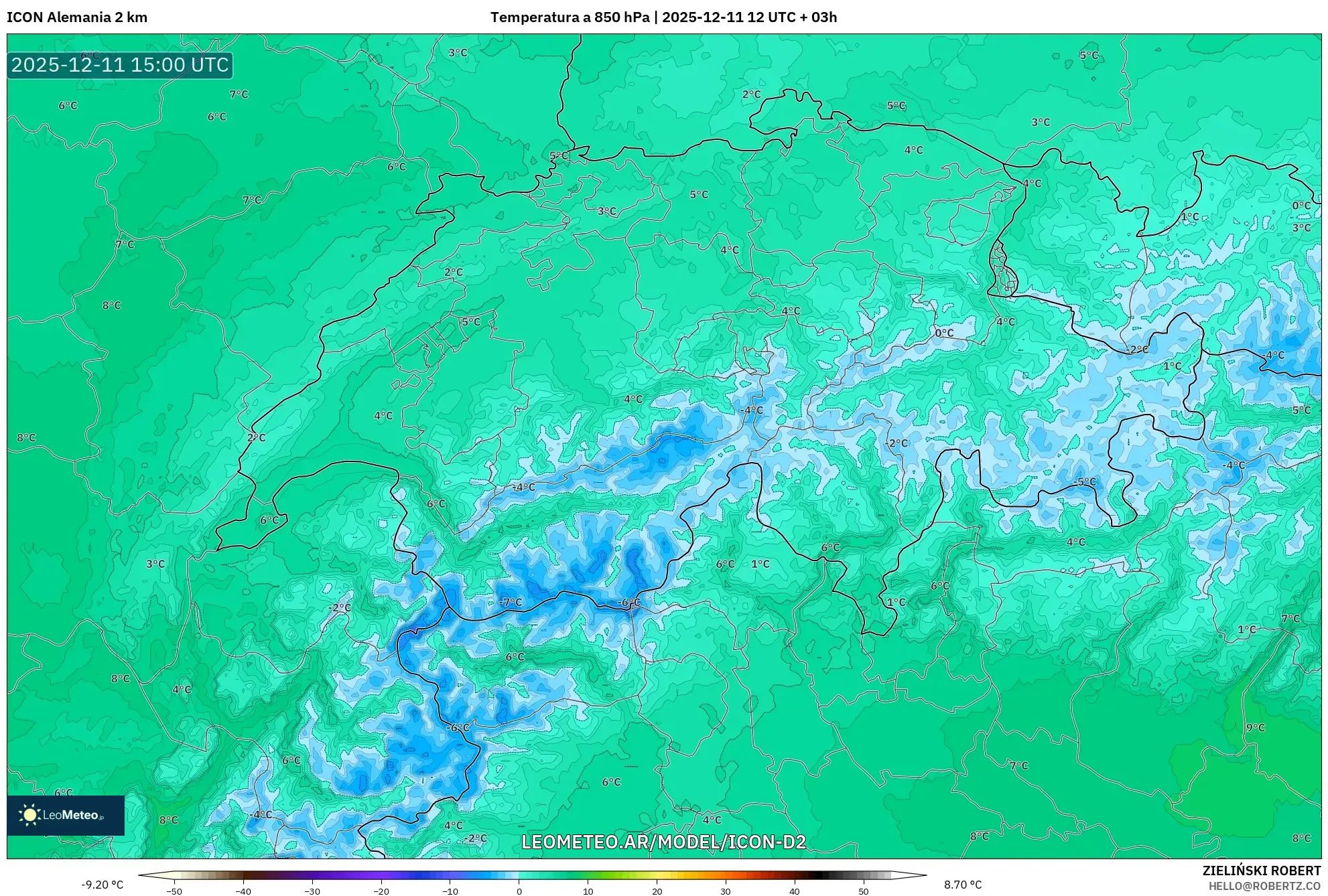 ICON Alemania 2 km model - Suiza, Temperatura a 850 hPa