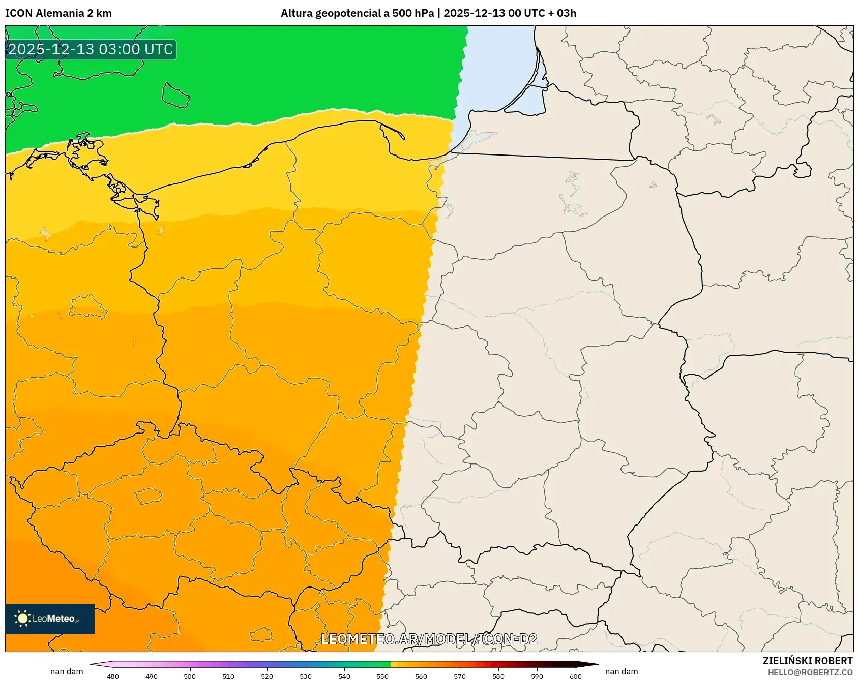 ICON Alemania 2 km model - Polonia, Altura geopotencial a 500 hPa