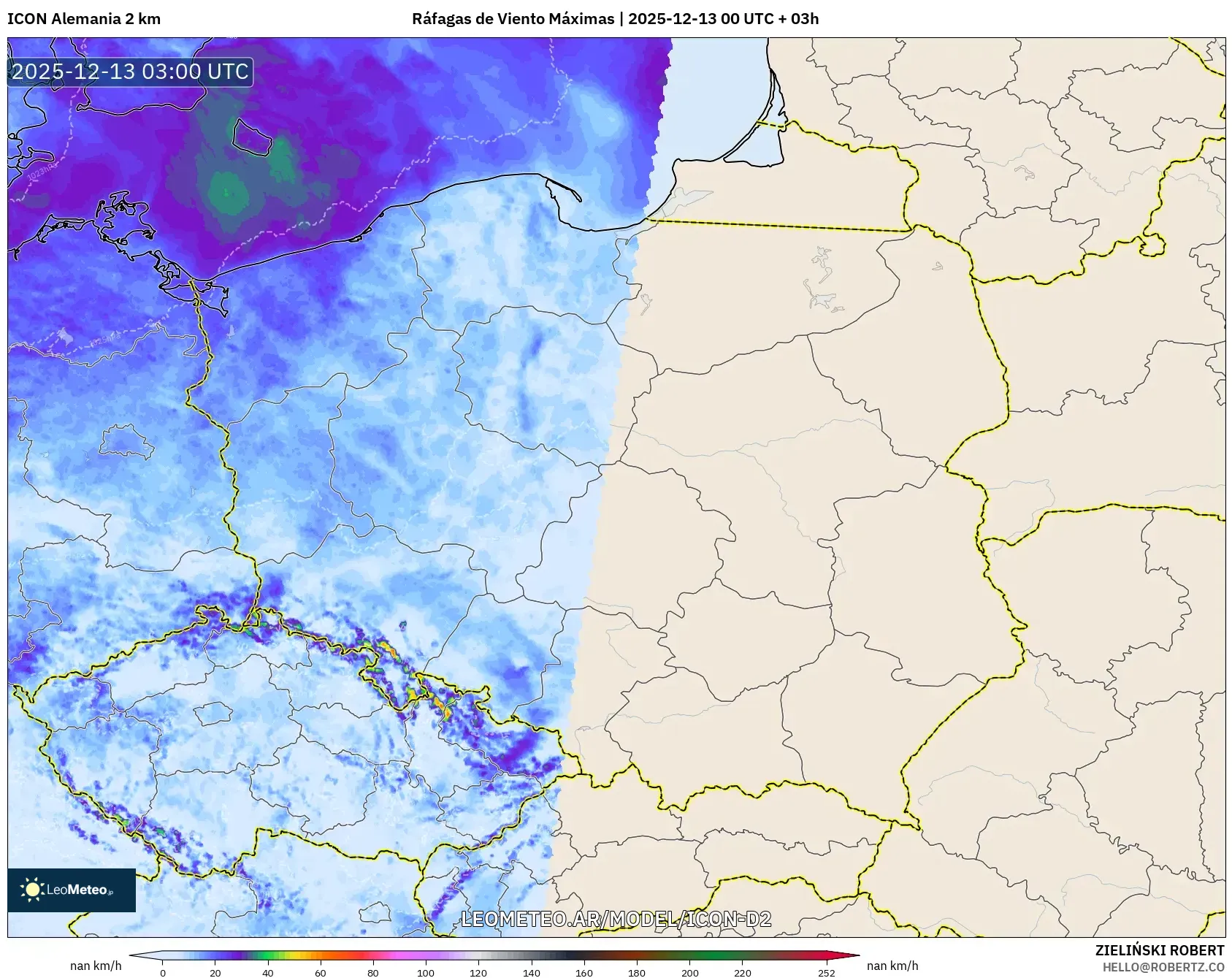 ICON Alemania 2 km model - Polonia, Ráfagas de Viento Máximas