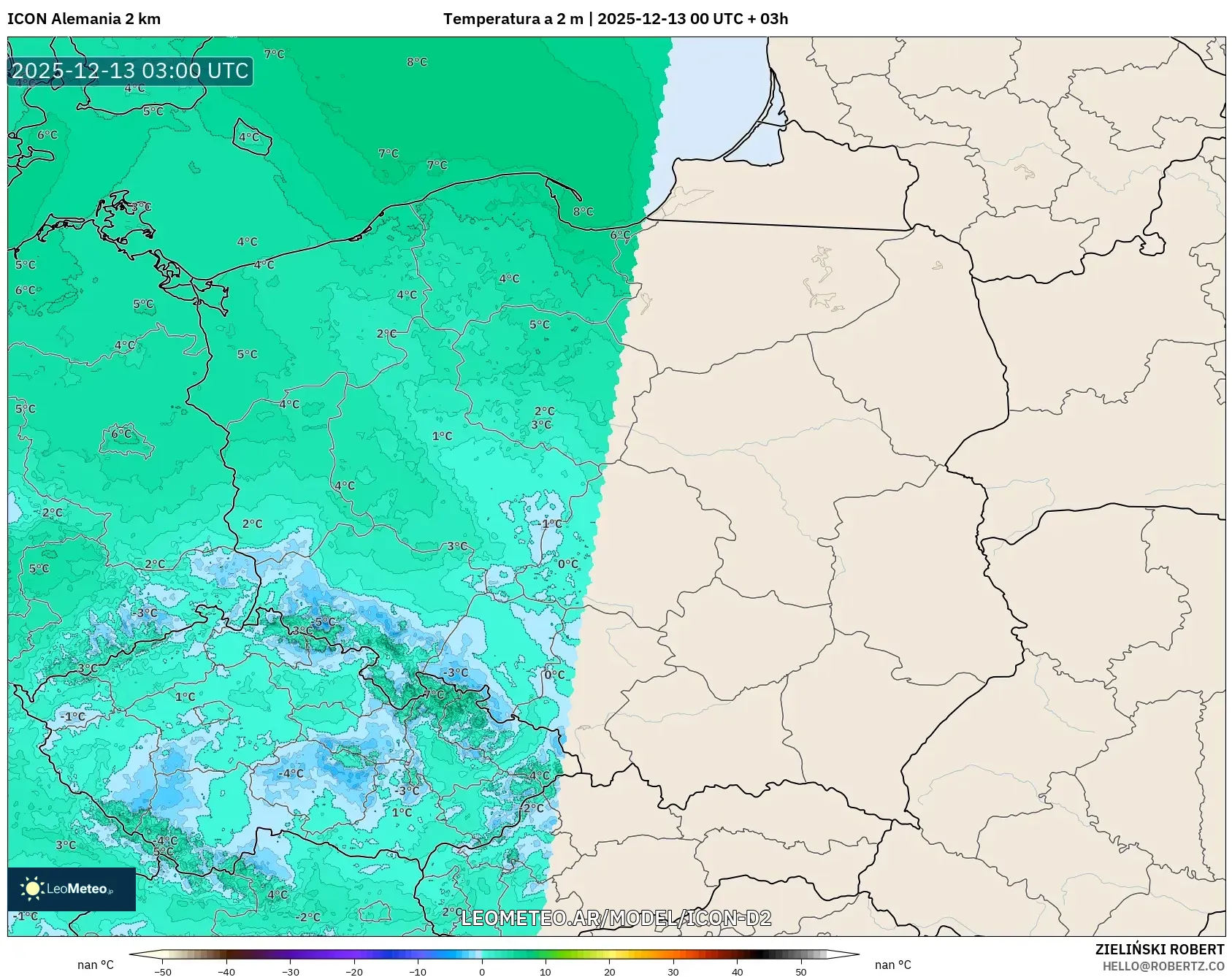ICON Alemania 2 km model - Polonia, Temperatura a 2 m