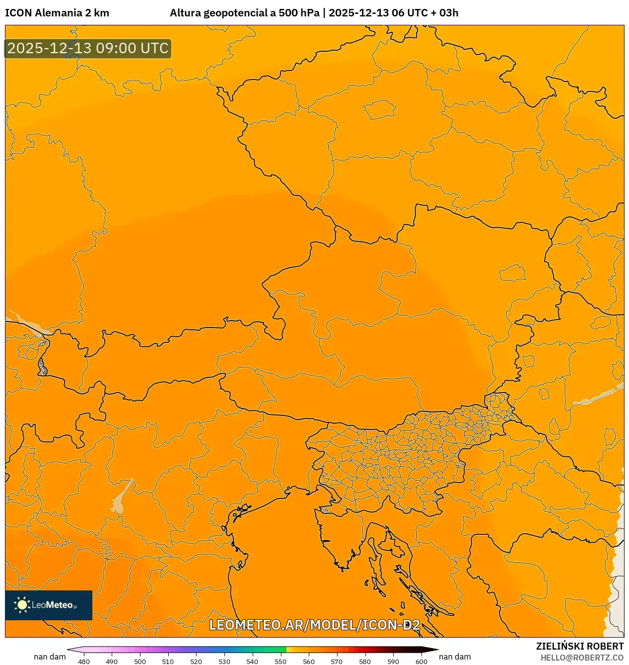 ICON Alemania 2 km model - Austria, Altura geopotencial a 500 hPa