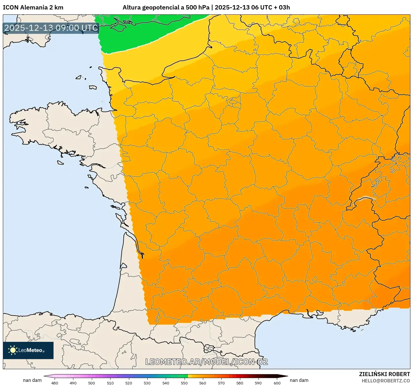 ICON Alemania 2 km model - Francia, Altura geopotencial a 500 hPa