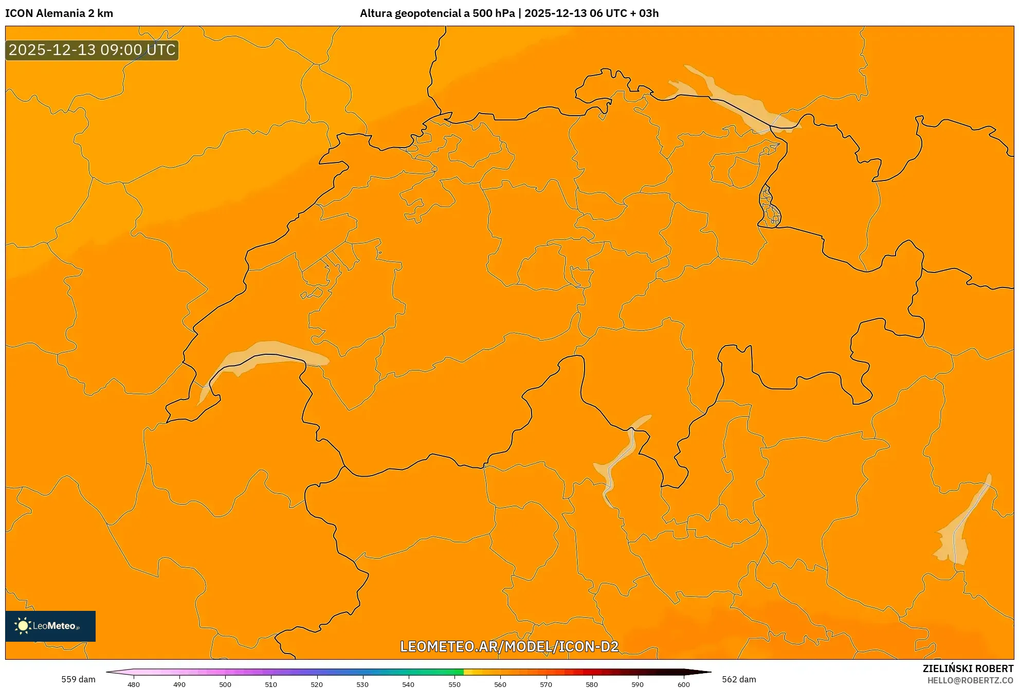 ICON Alemania 2 km model - Suiza, Altura geopotencial a 500 hPa