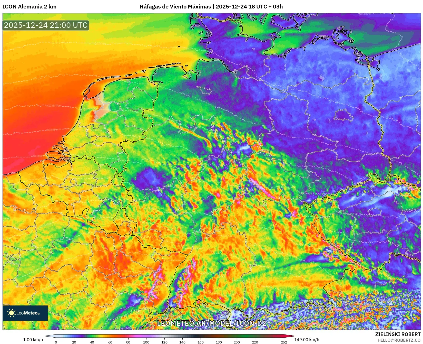 ICON Niemcy 2 km model - Niemcy, Maksymalne Porywy Wiatru