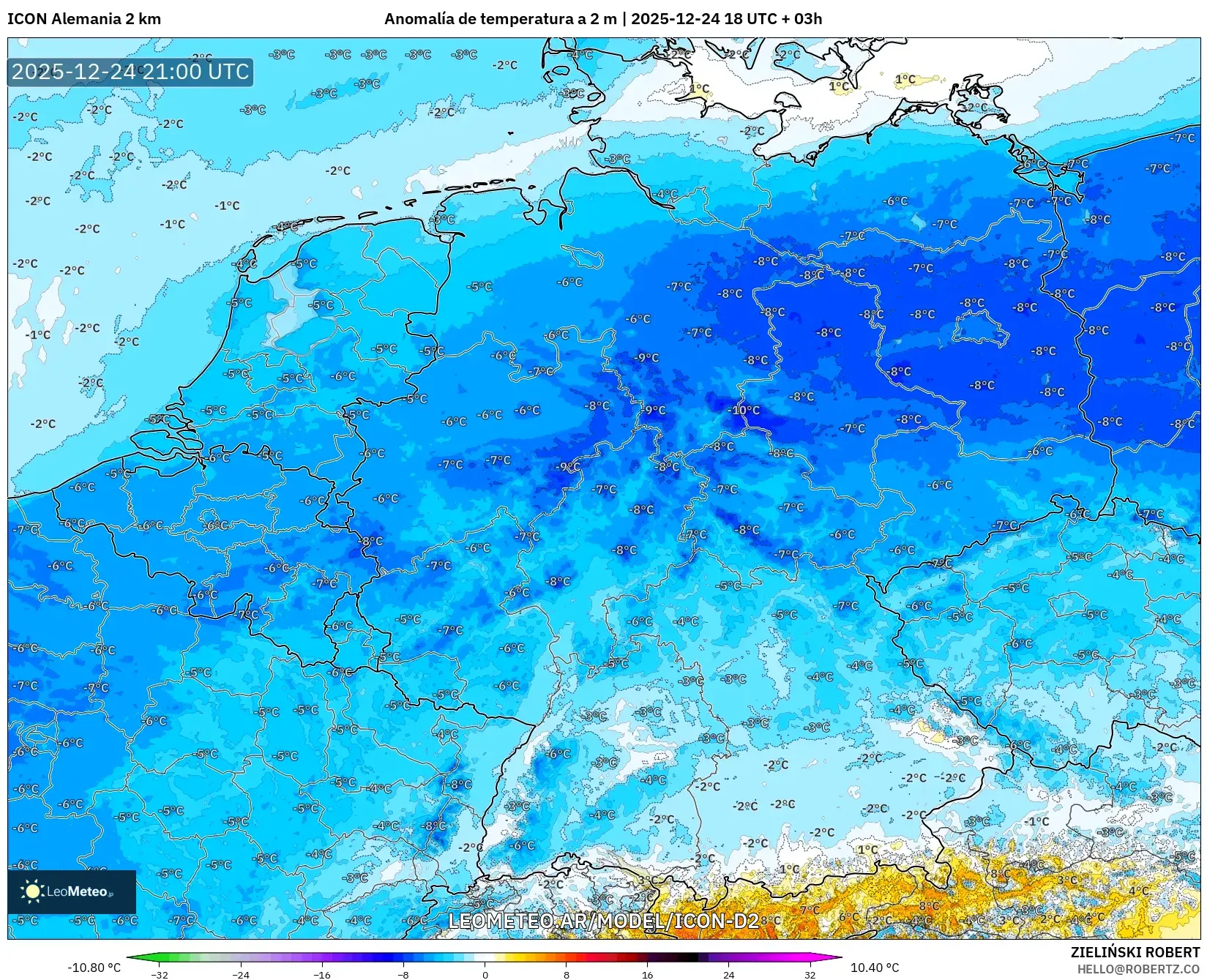 ICON Niemcy 2 km model - Niemcy, Anomalia temperatury na 2 m