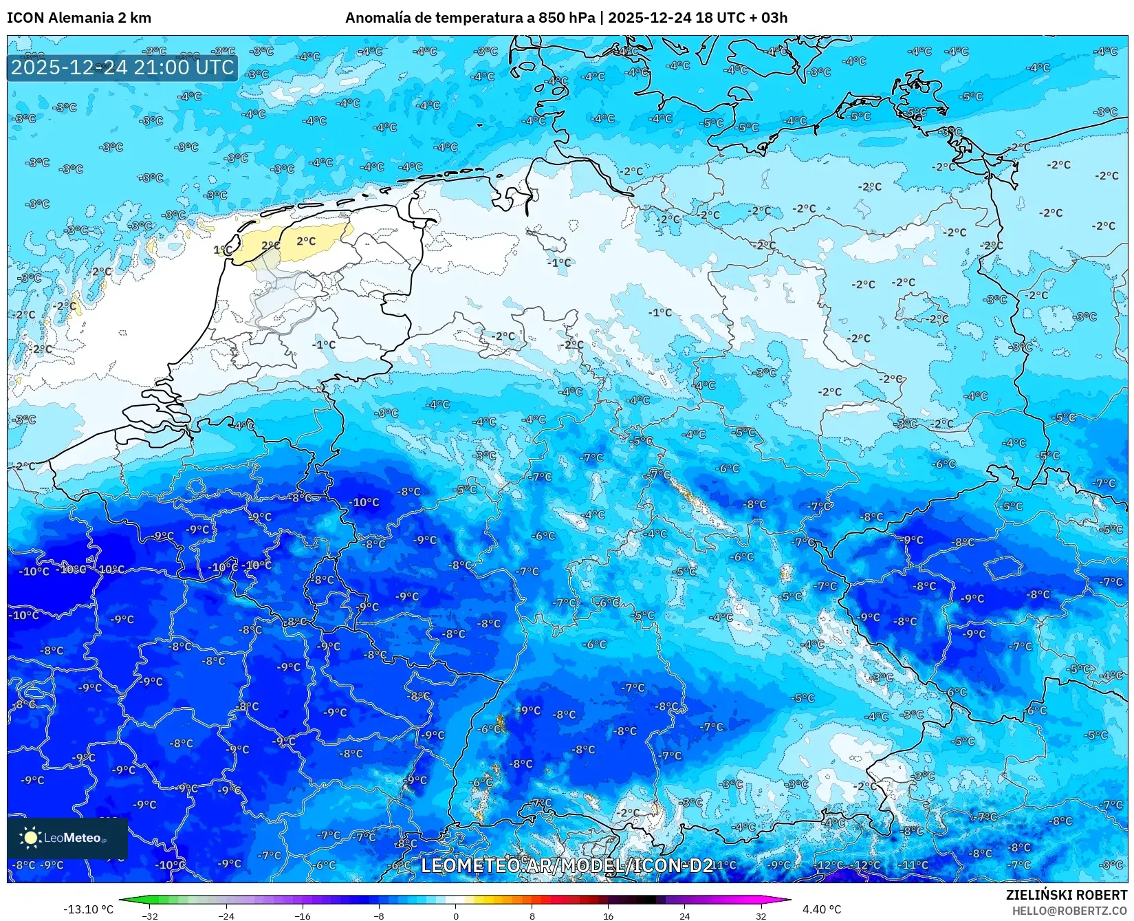 ICON Niemcy 2 km model - Niemcy, Anomalia temperatury na 850 hPa