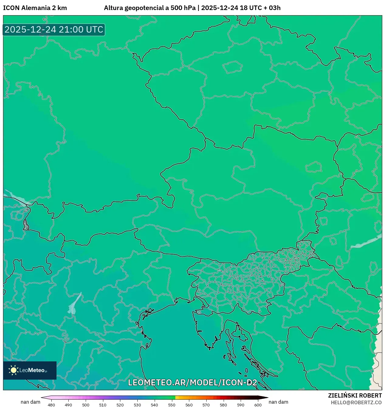 ICON Niemcy 2 km model - Austria, Wysokość geopotencjalna na poziomie 500 hPa