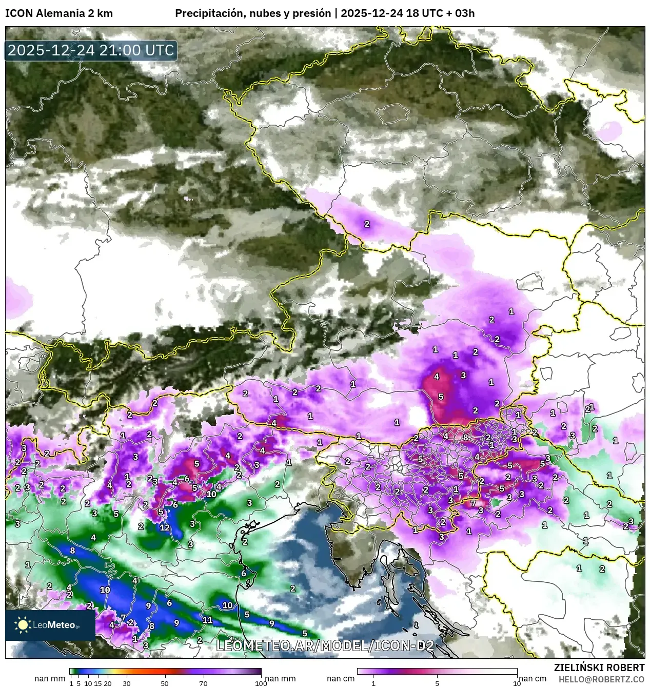 ICON Niemcy 2 km model - Austria, Opady, chmury i ciśnienie