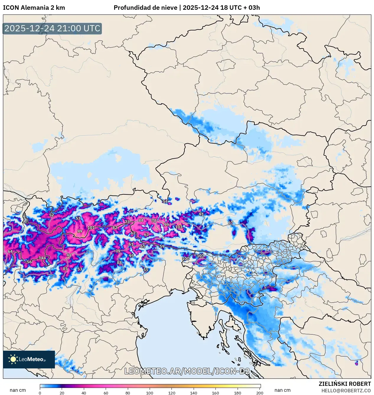 ICON Niemcy 2 km model - Austria, Pokrywa śnieżna
