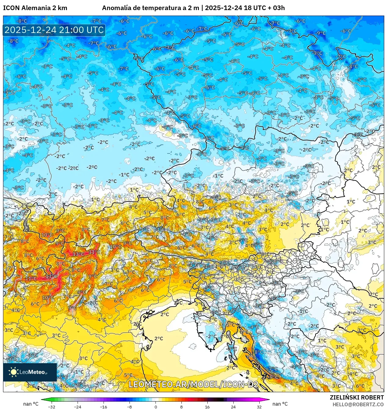 ICON Niemcy 2 km model - Austria, Anomalia temperatury na 2 m