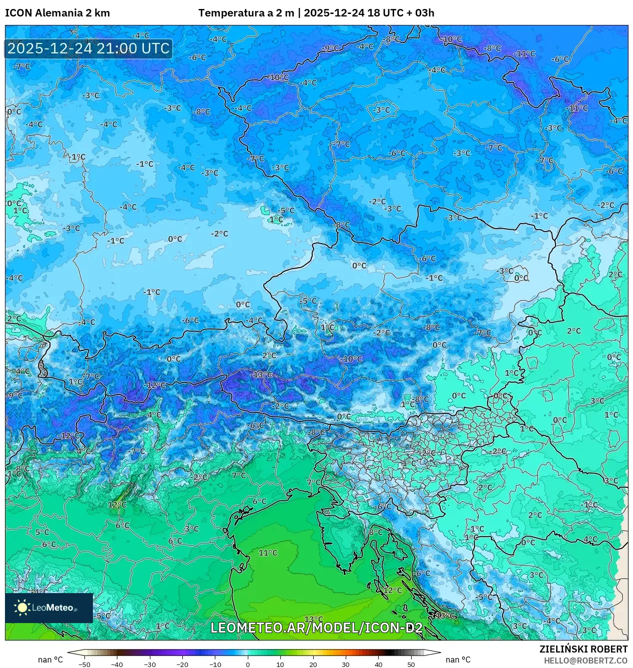 ICON Niemcy 2 km model - Austria, Temperatura na 2 m
