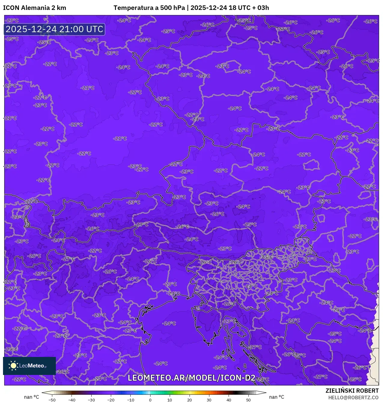 ICON Niemcy 2 km model - Austria, Temperatura na 500 hPa