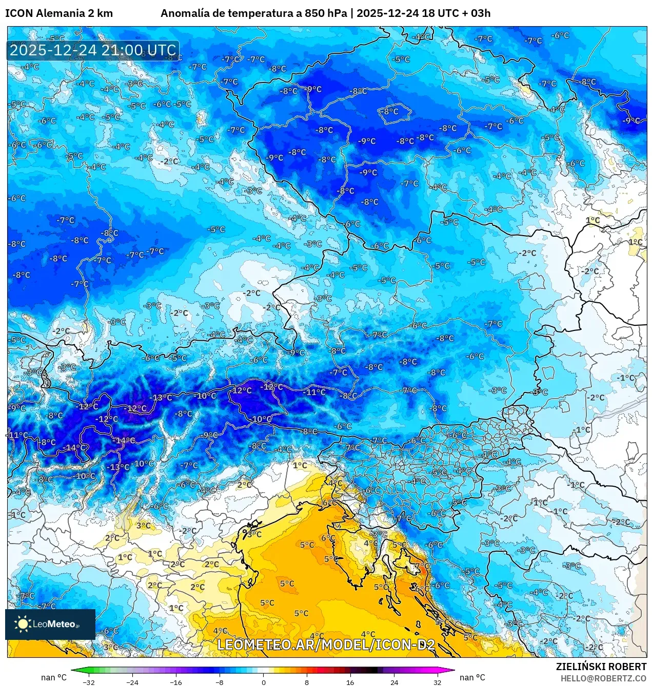 ICON Niemcy 2 km model - Austria, Anomalia temperatury na 850 hPa